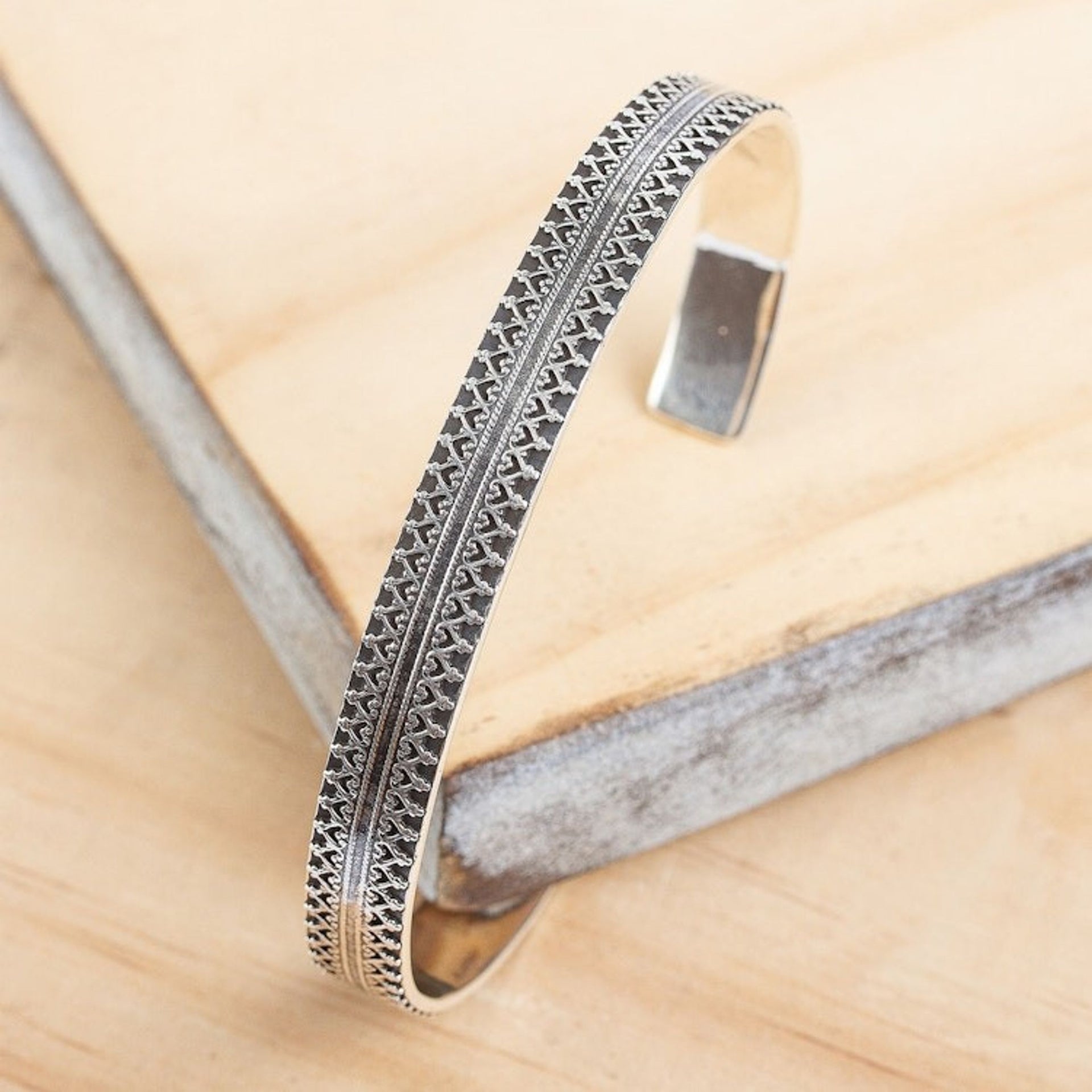 Handcrafted Signed Fine Silver Cuff Bracelet 6.5 Inch 'Moorish Mexico'