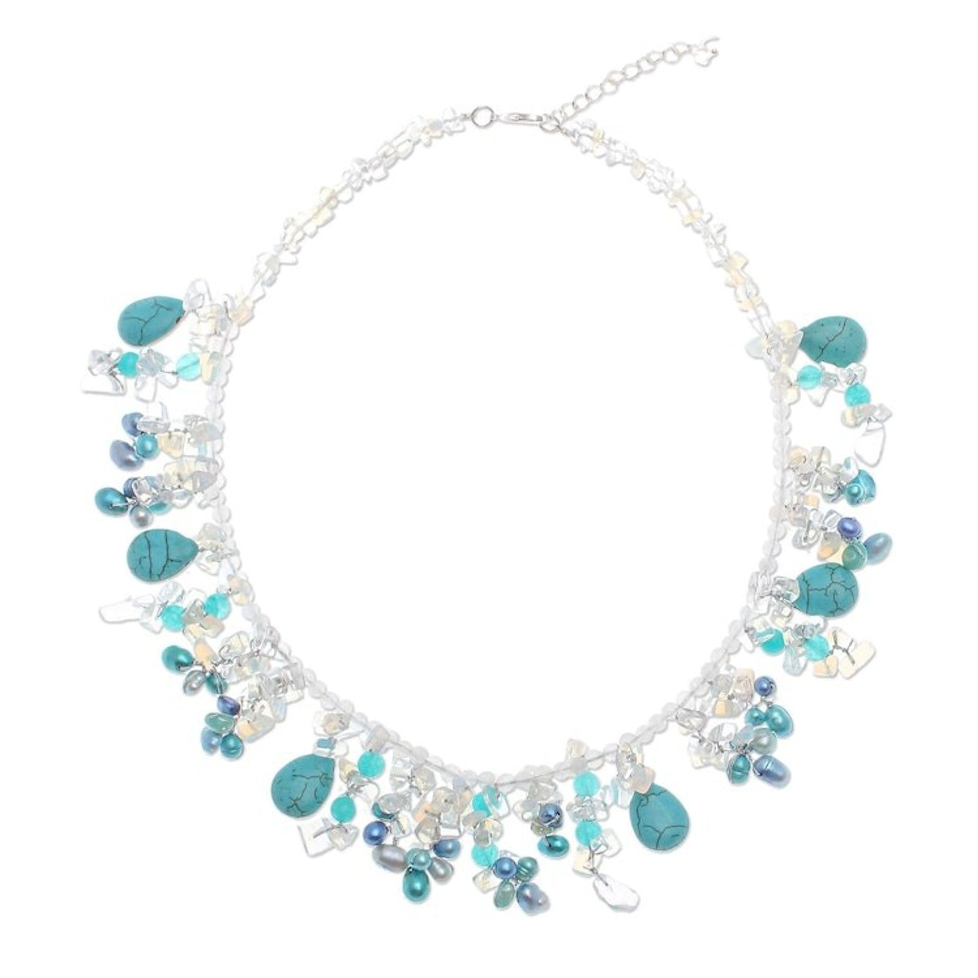 Hand Made Cultured Pearl and Howlite Pendant Necklace 'Teal Palace'