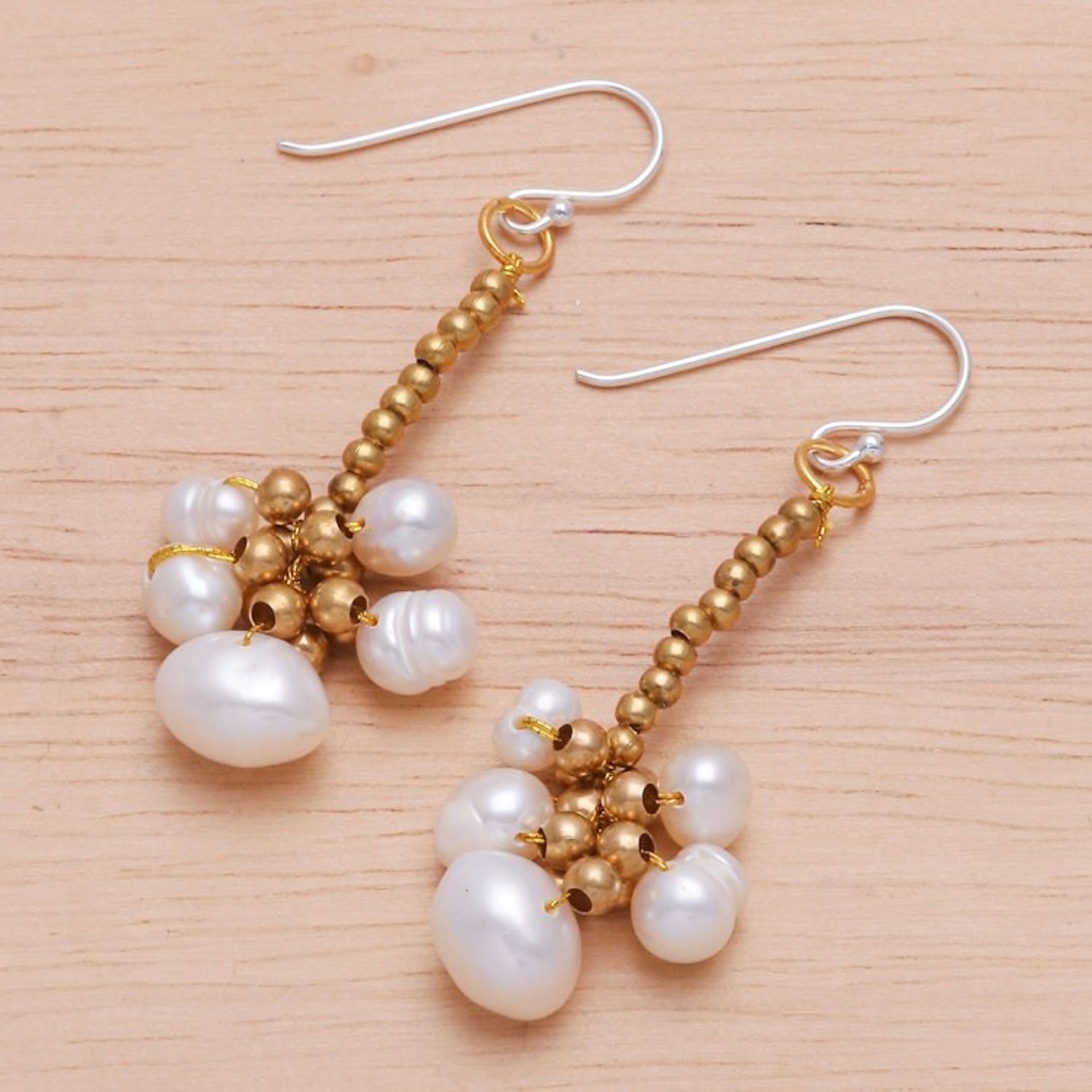 Thai Cultured Pearl and Brass Beaded Dangle Earrings 'Pearly Meeting'