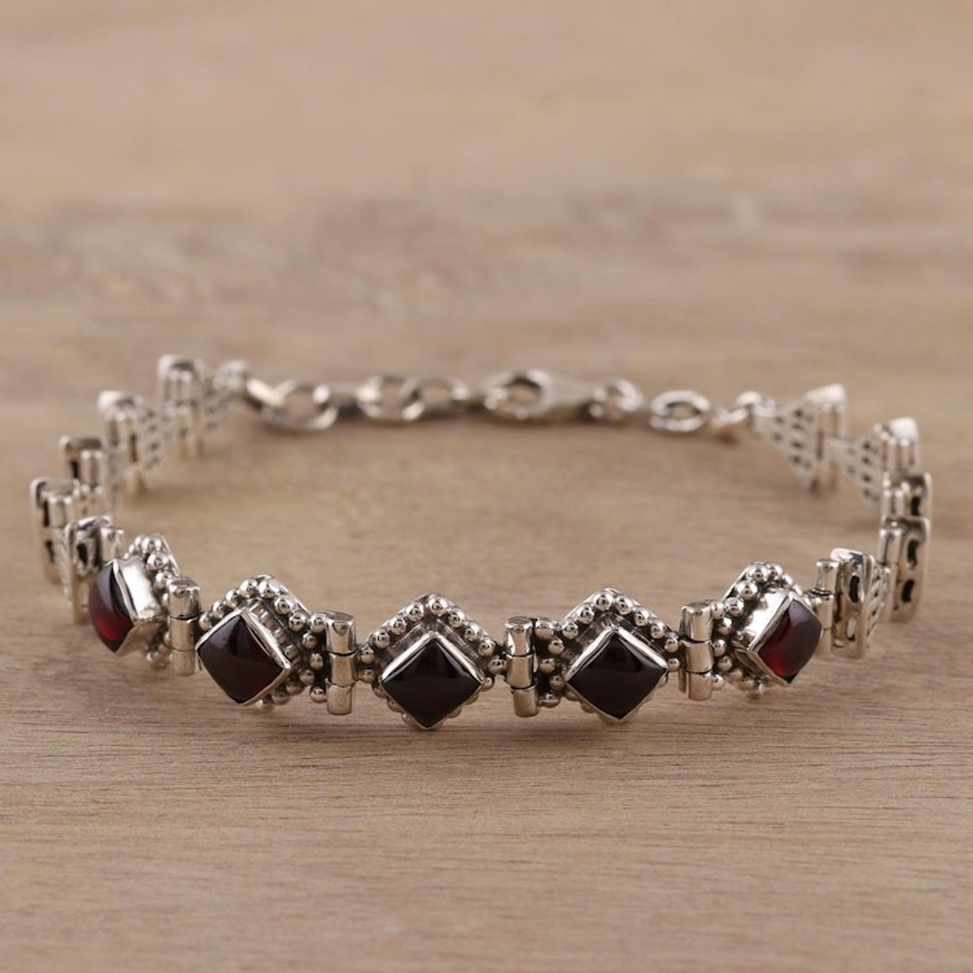 Sterling Silver Red Garnet Openwork Link Bracelet 'Radiant Red Romance'