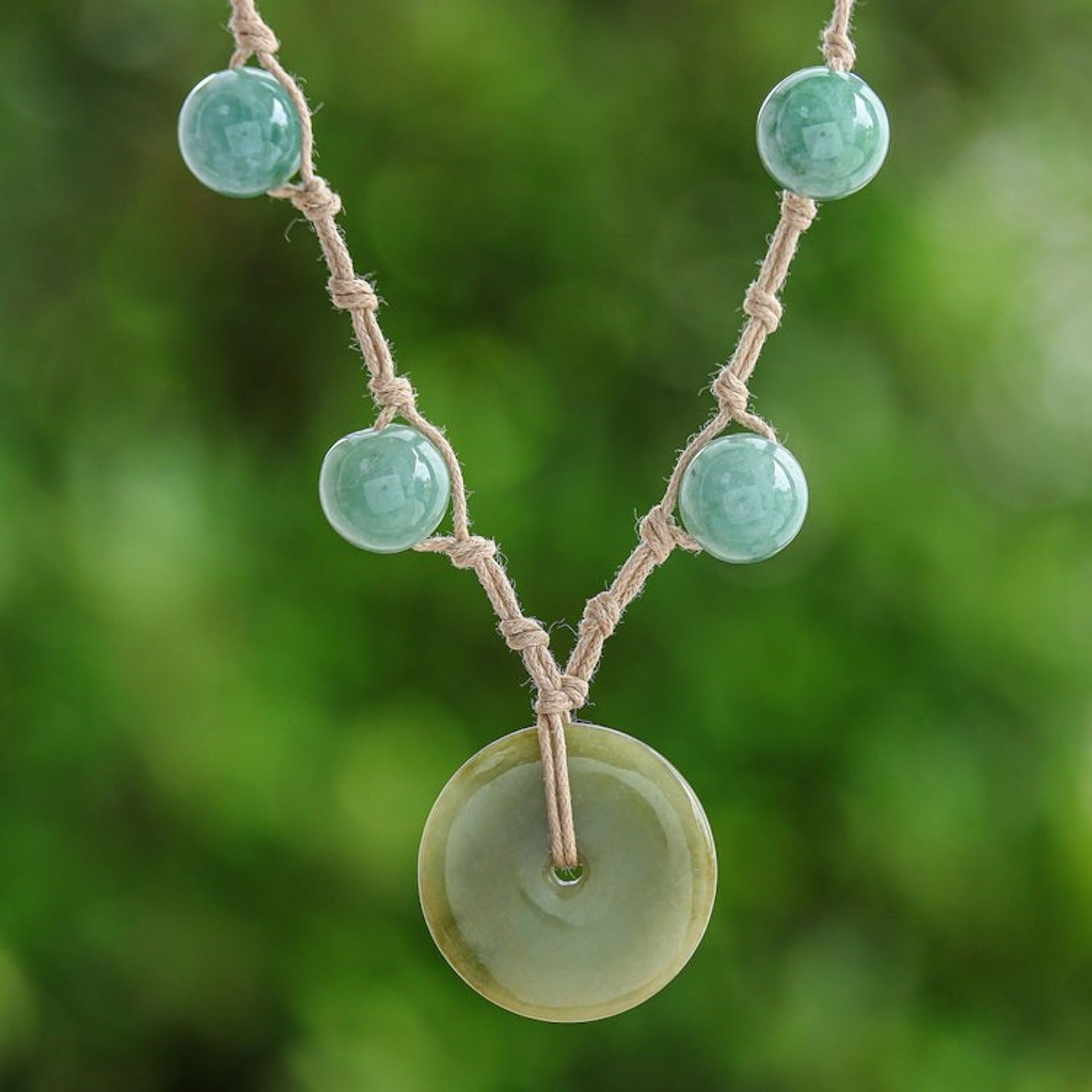 Jade Pendant Necklace on Knotted Cords from Thailand 'Natural Spirit'