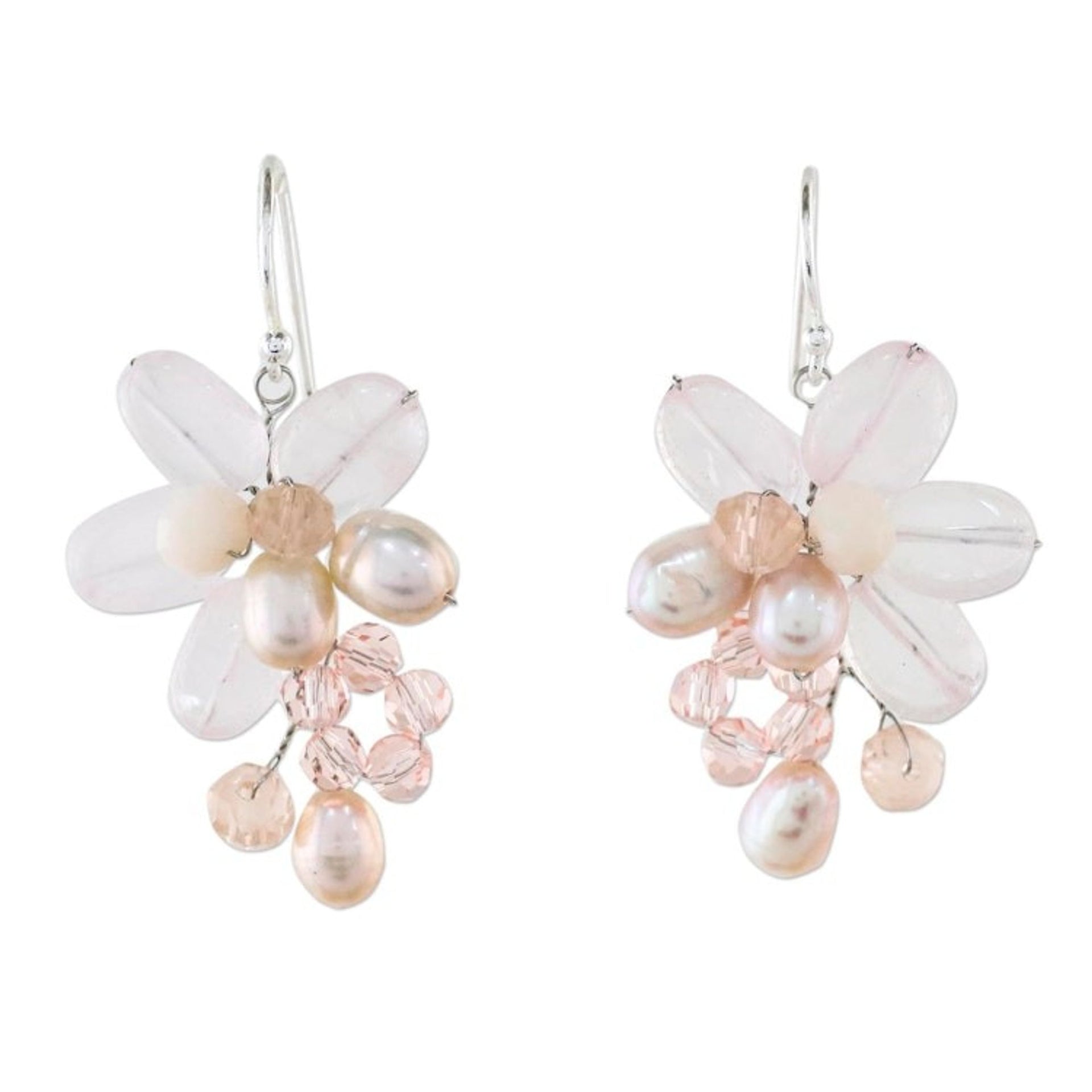 Rose Quartz and Cultured Pearl Dangle Earrings from Thailand 'Elegant Flora'