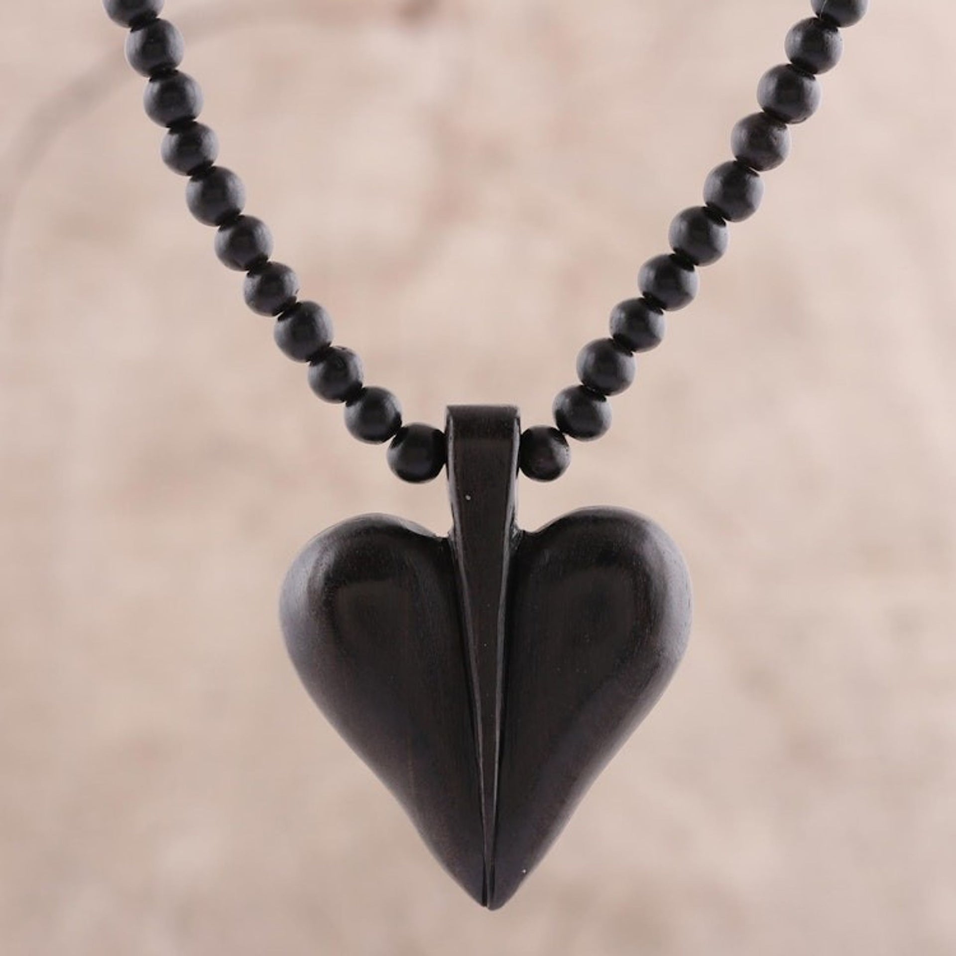 Heart-Shaped Ebony Wood Beaded Pendant Necklace 'Heart Adoration'