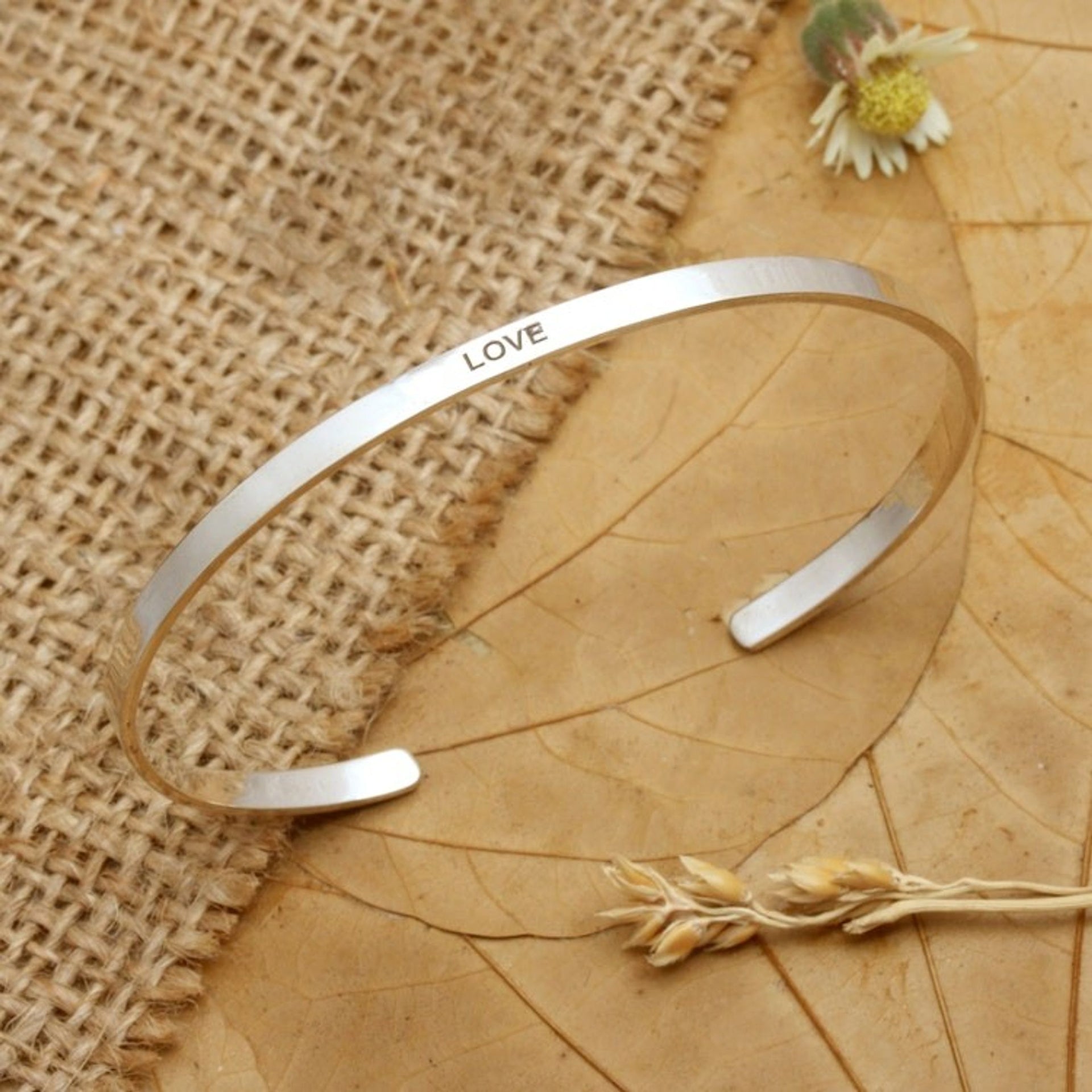 Polished Minimalist Sterling Silver Love Cuff Bracelet 'Your Self Love'