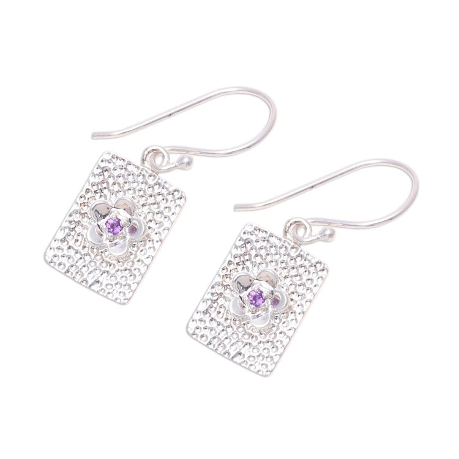 Rectangular Floral Amethyst Dangle Earrings from India 'Floral Pictures'