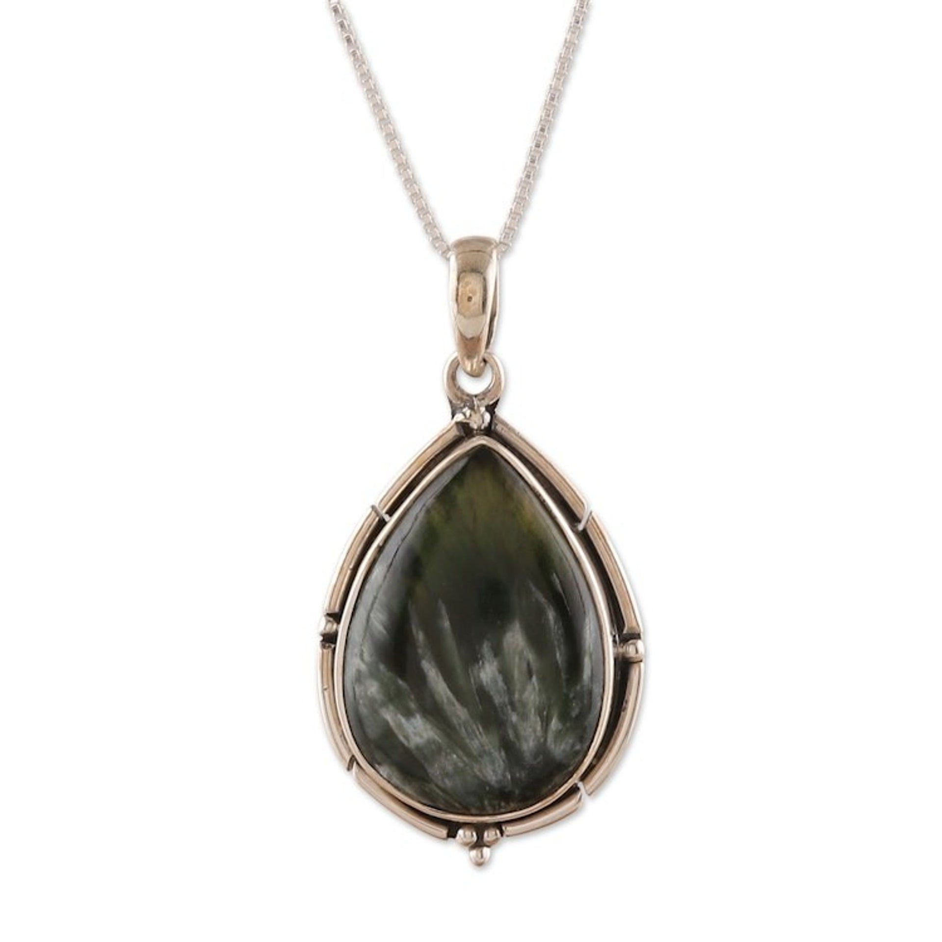 Drop-Shaped Natural Seraphinite Cabochon Pendant Necklace 'Vitality Drop'