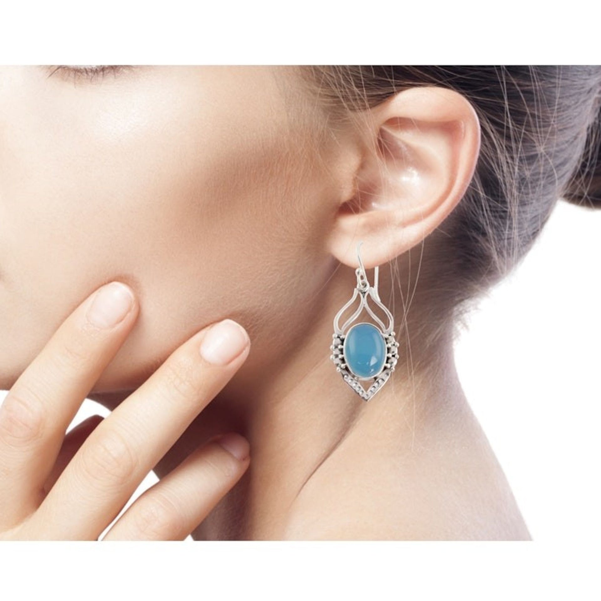 Blue Chalcedony Sterling Silver Earrings from India 'Passion Leaf'