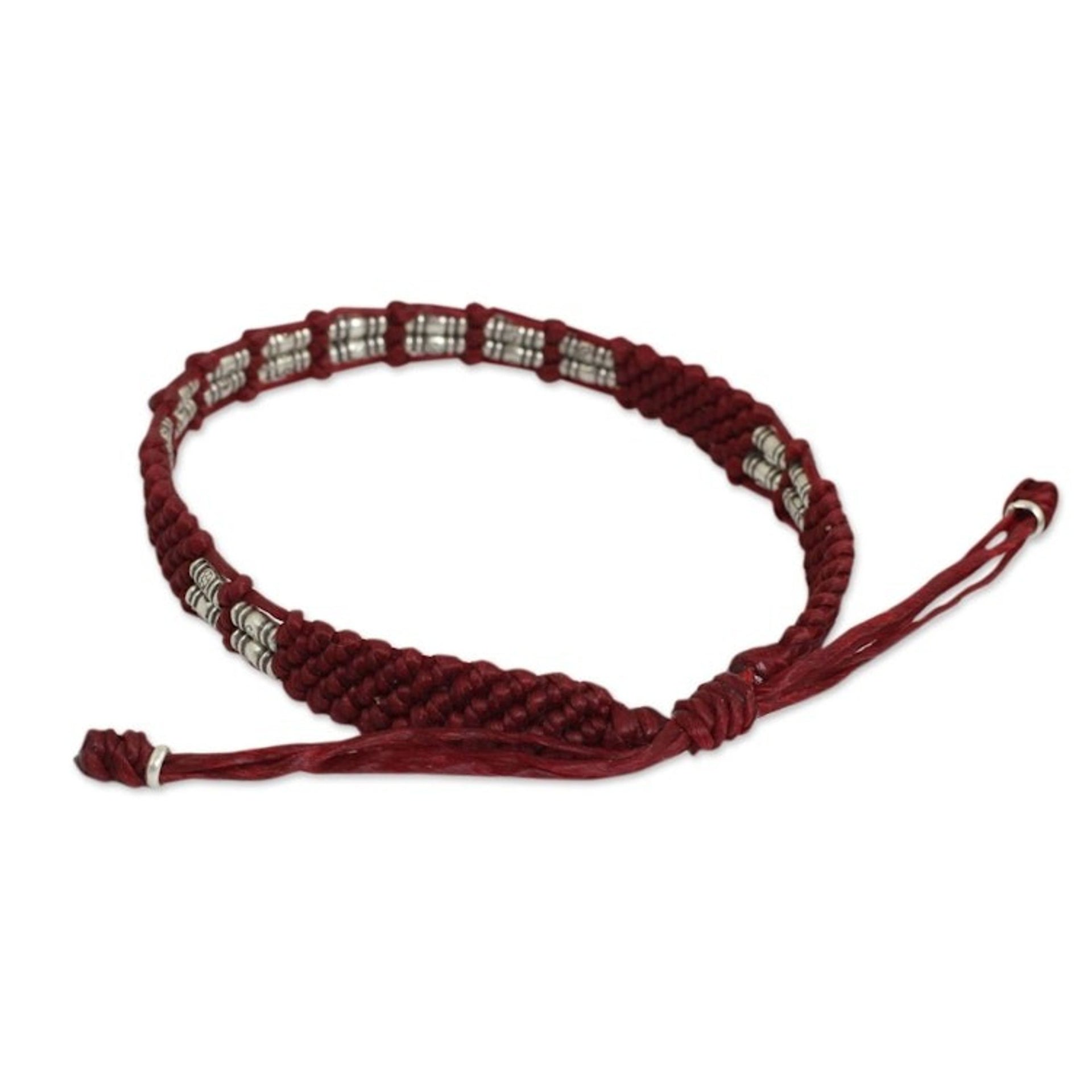 Thai Braided Red Cord Bracelet with 950 Silver Beads 'Affinity in Red'