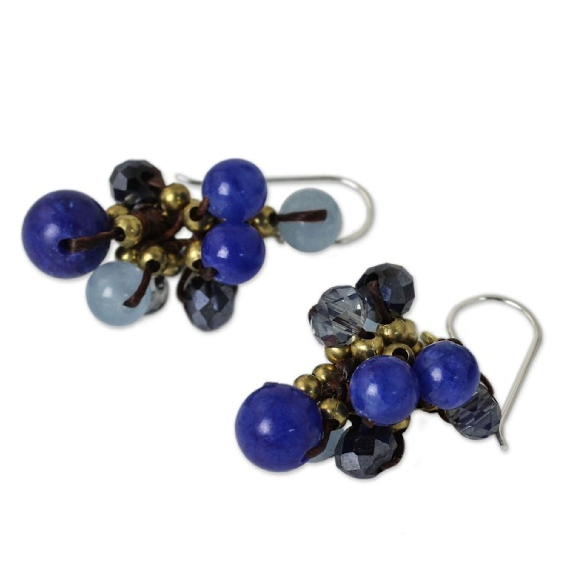 Blue Quartz and Brass Clusters on Hand Knotted Earrings 'Blue Cattlelaya'