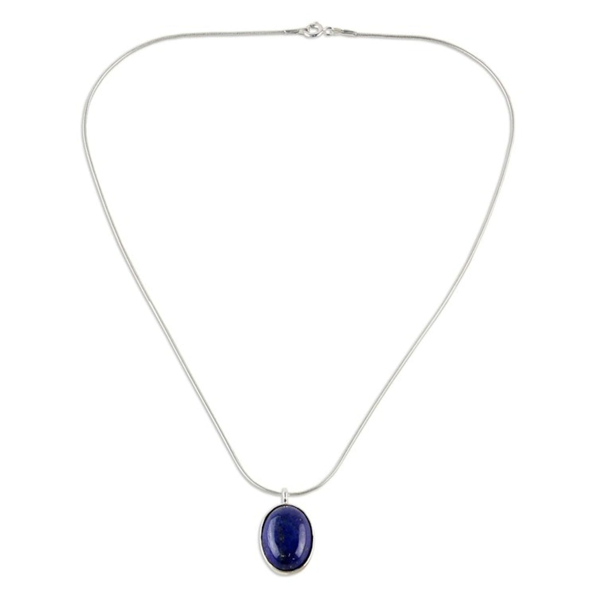 Sterling Silver and Lapis Lazuli Pendant Necklace Thailand 'Spangled Oval'