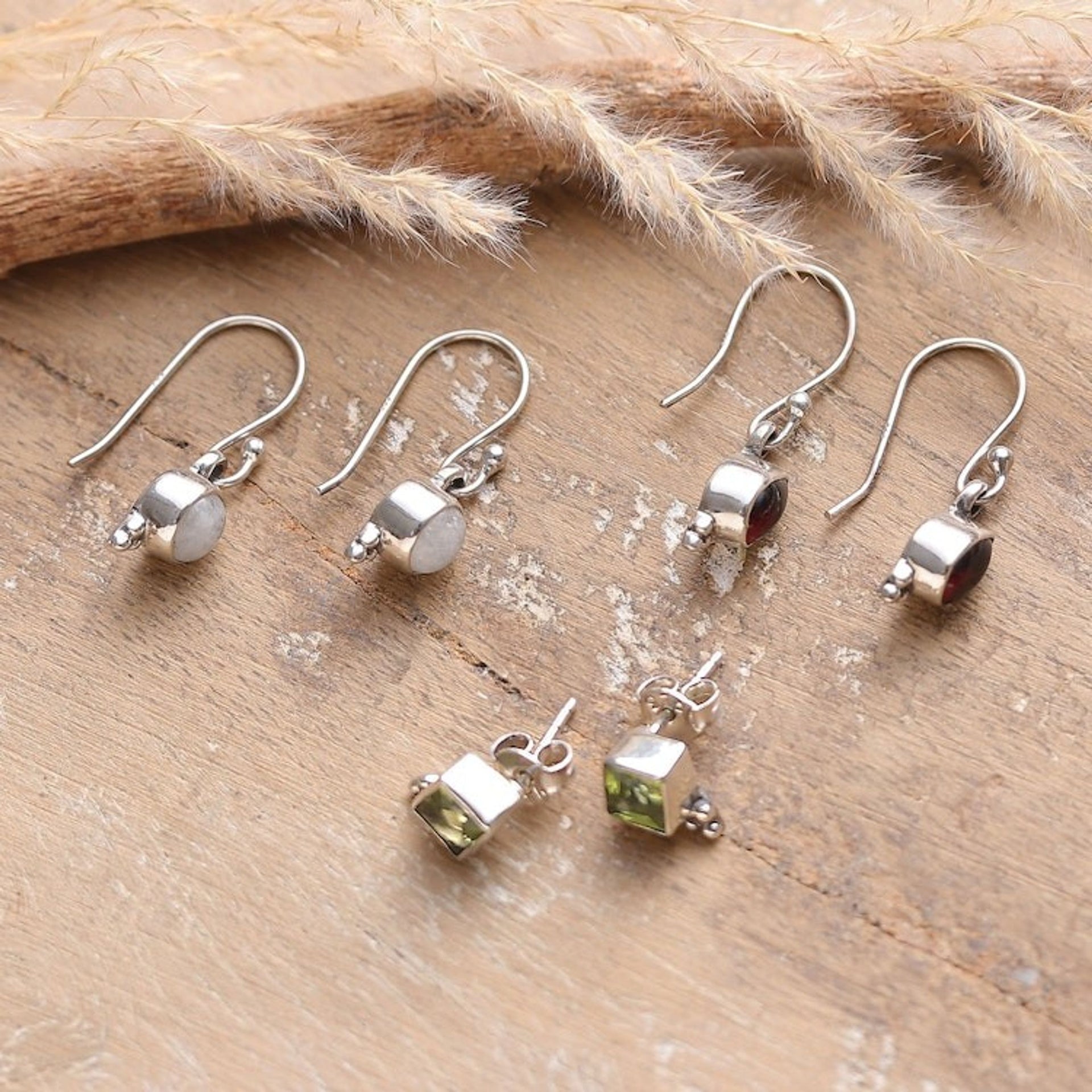 Set of 3 Peridot, Garnet and Rainbow Moonstone Earrings 'Triple Seduction'