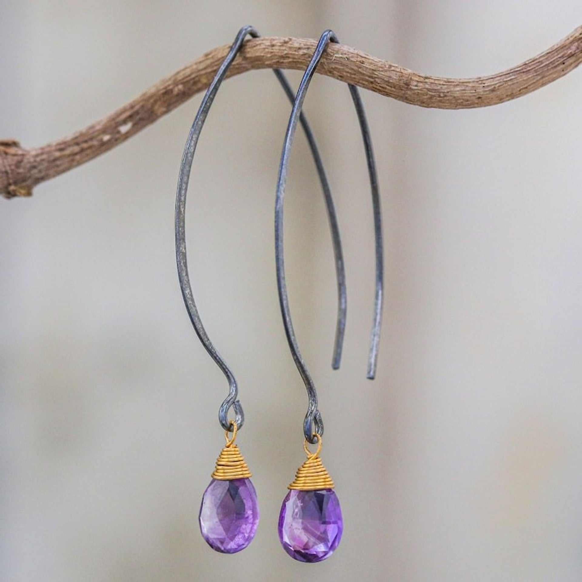Gold Accent Amethyst Dangle Earrings from Thailand 'Midnight Meadow'