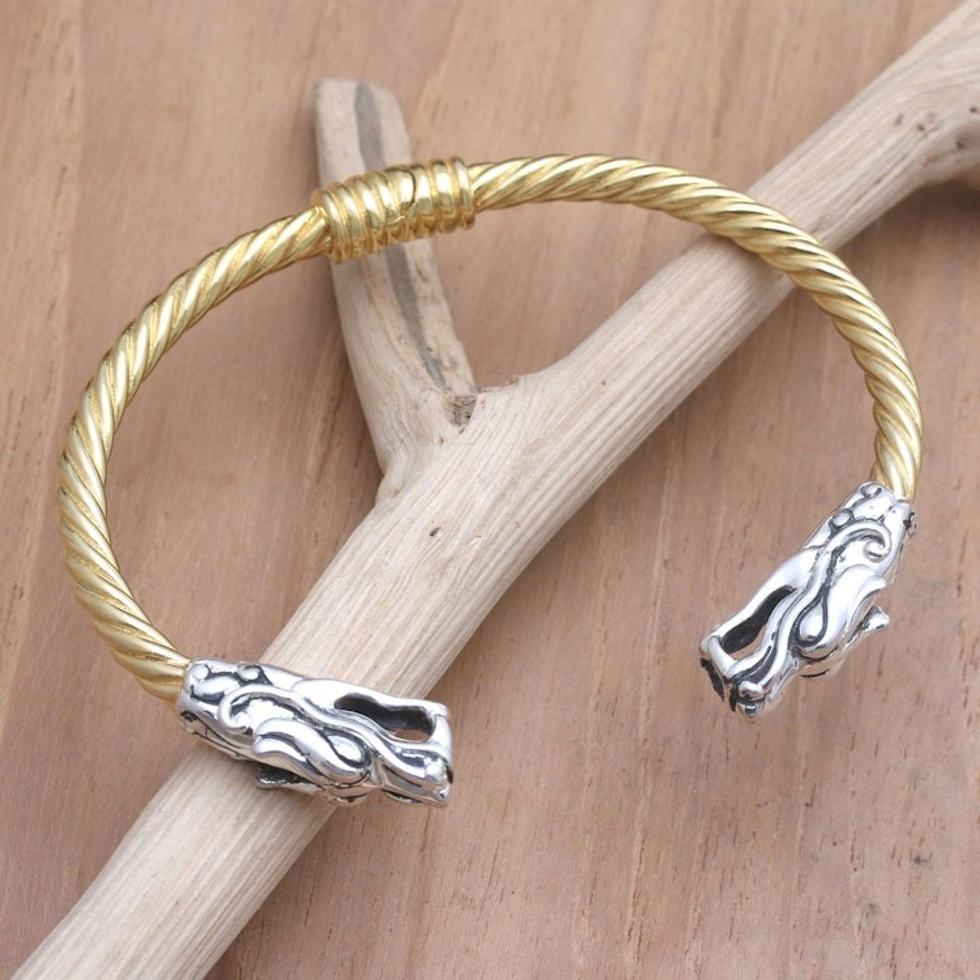 Men's Gold-Plated Sterling Silver Cuff Bracelet 'Dragon's Treasure'