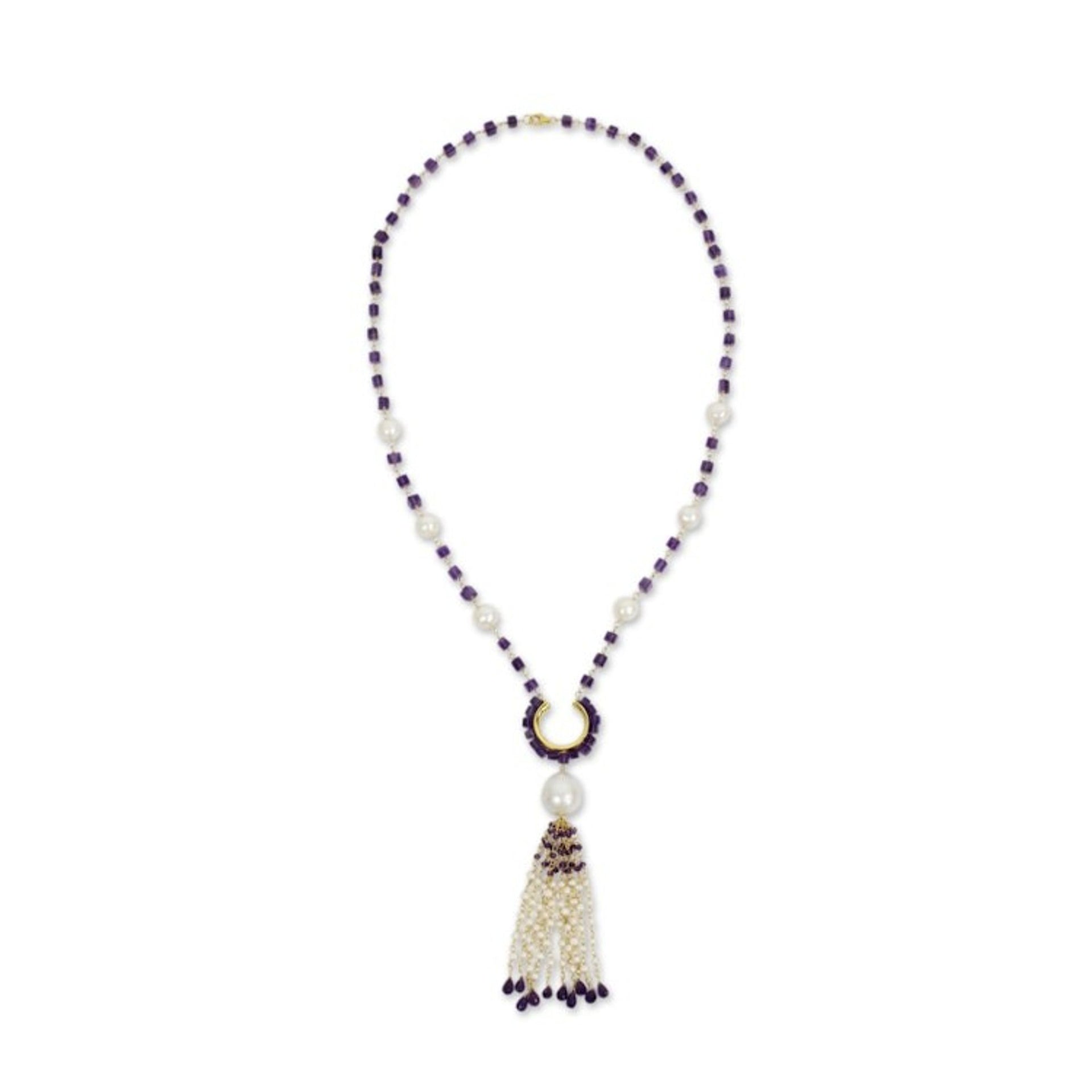 Pearl and Amethyst on 24k Gold Plated Silver Long Necklace 'Romantic Orchid'