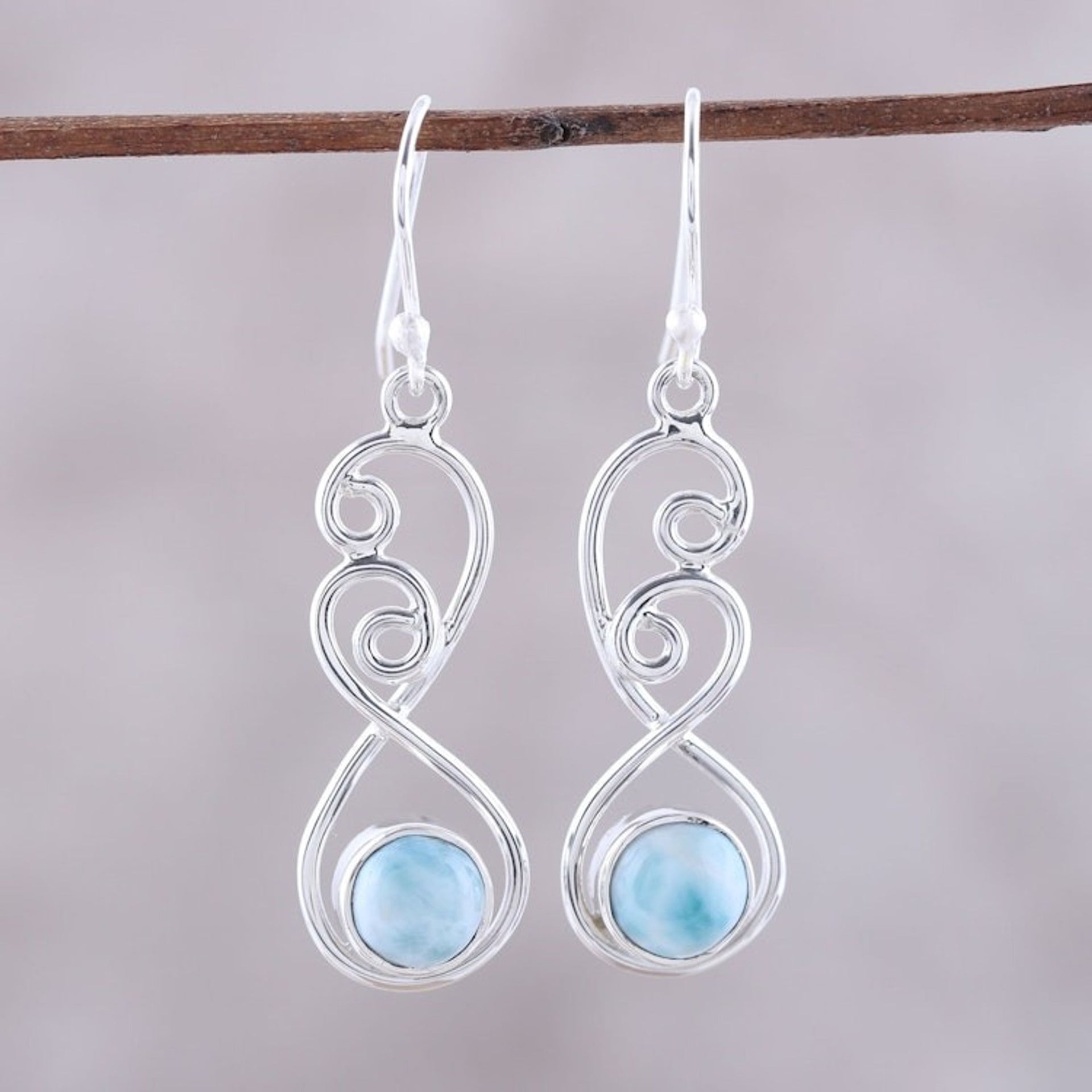 Sterling Silver and Blue White Larimar Dangle Earrings 'Sky Swirl'