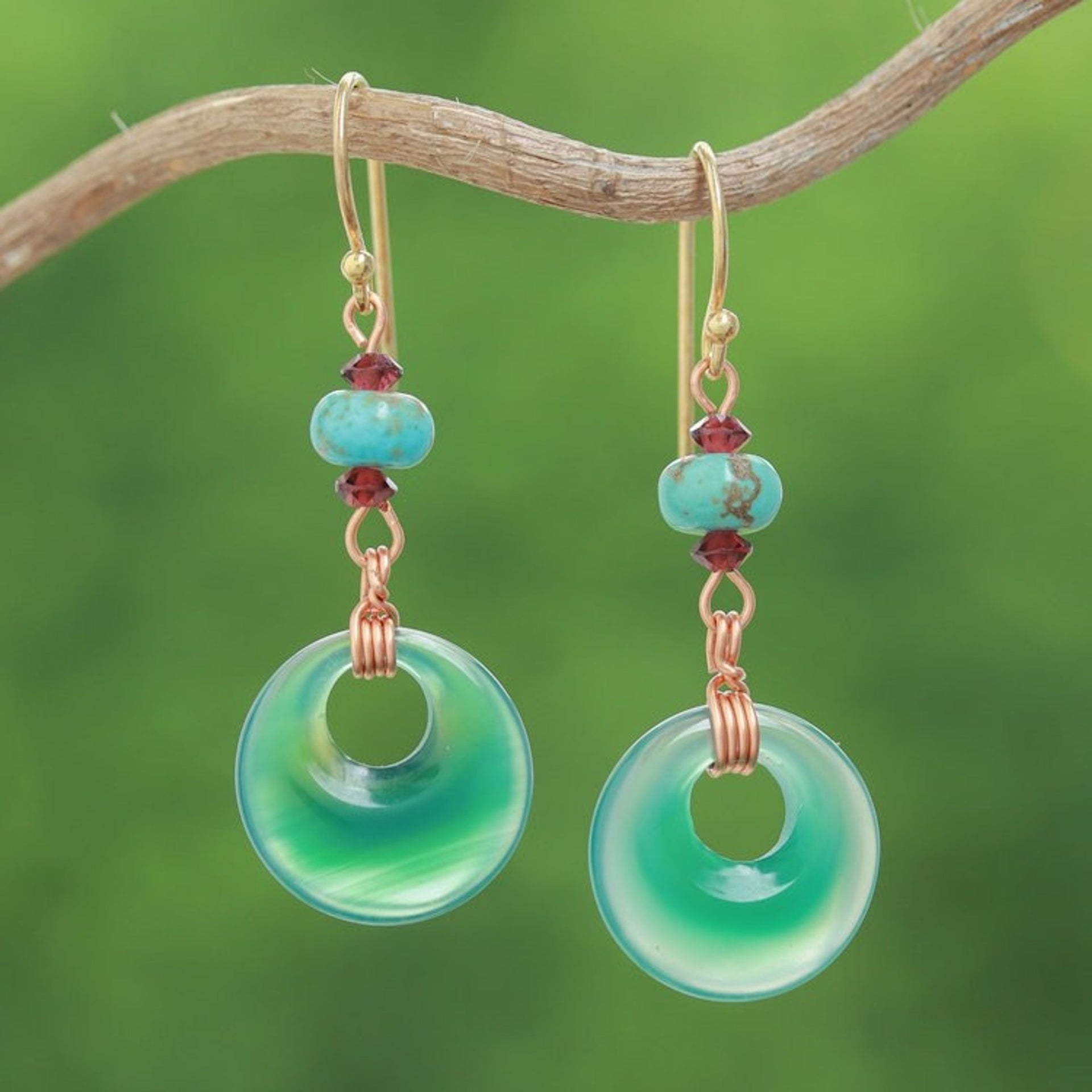 Tropical Glam-Themed Green Onyx and Garnet Dangle Earrings 'Island Loops'