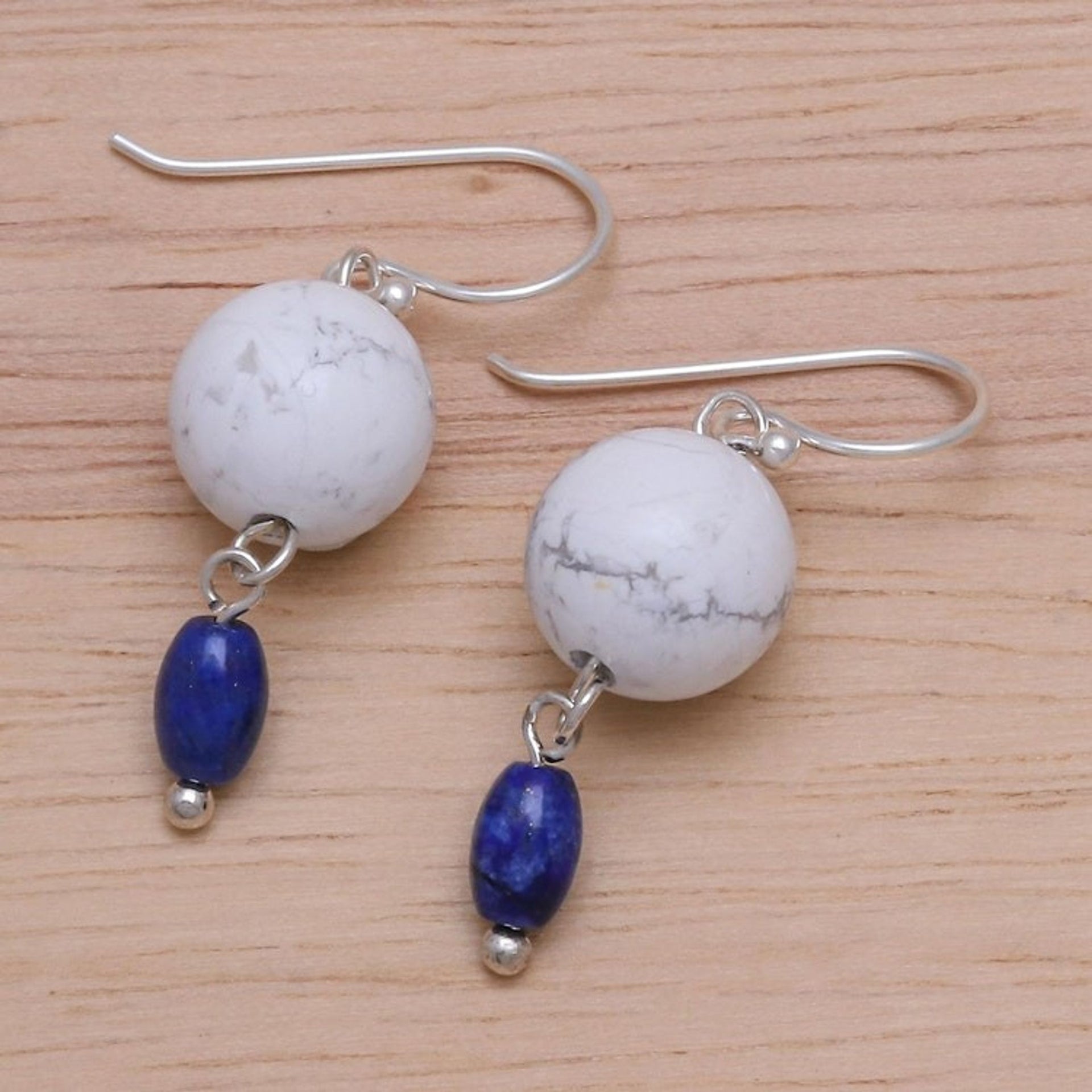 Hand Crafted Howlite and Lapis Lazuli Dangle Earrings 'Winter Traveler'