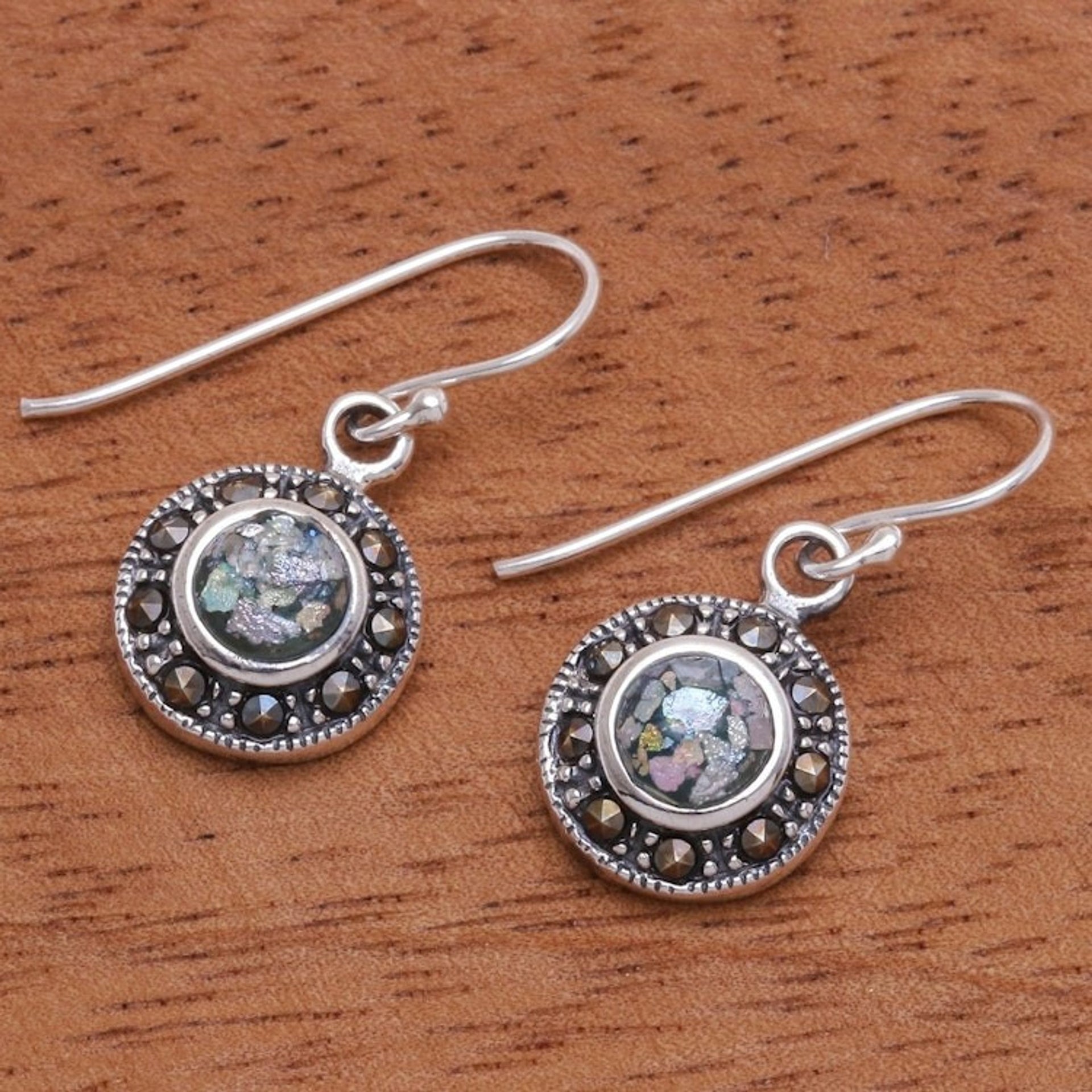 Marcasite and Roman Glass Dangle Earrings 'Arctic Night'