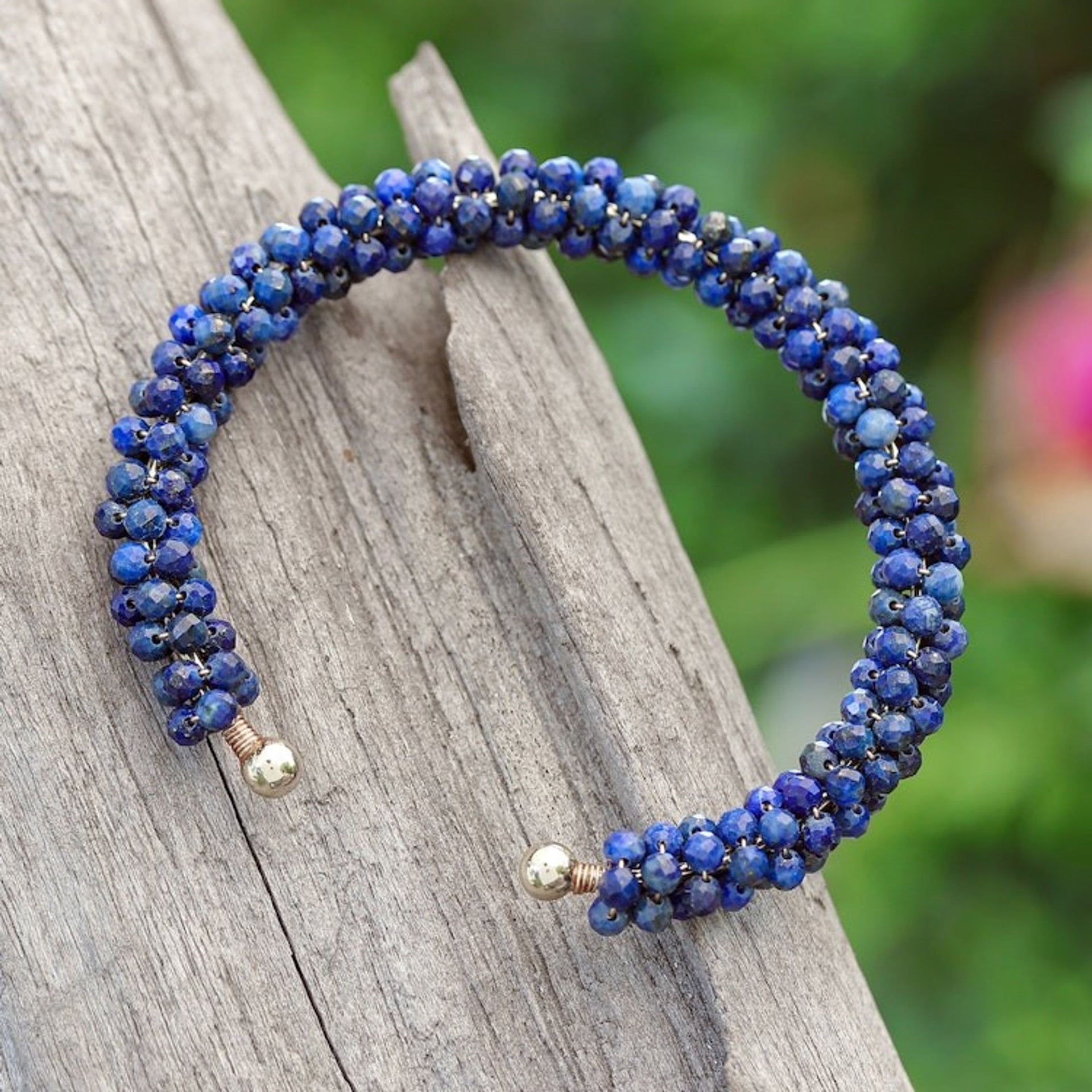 Lapis Lazuli Beaded Cuff Bracelet with Brass Fixtures 'Captivating Beauty'