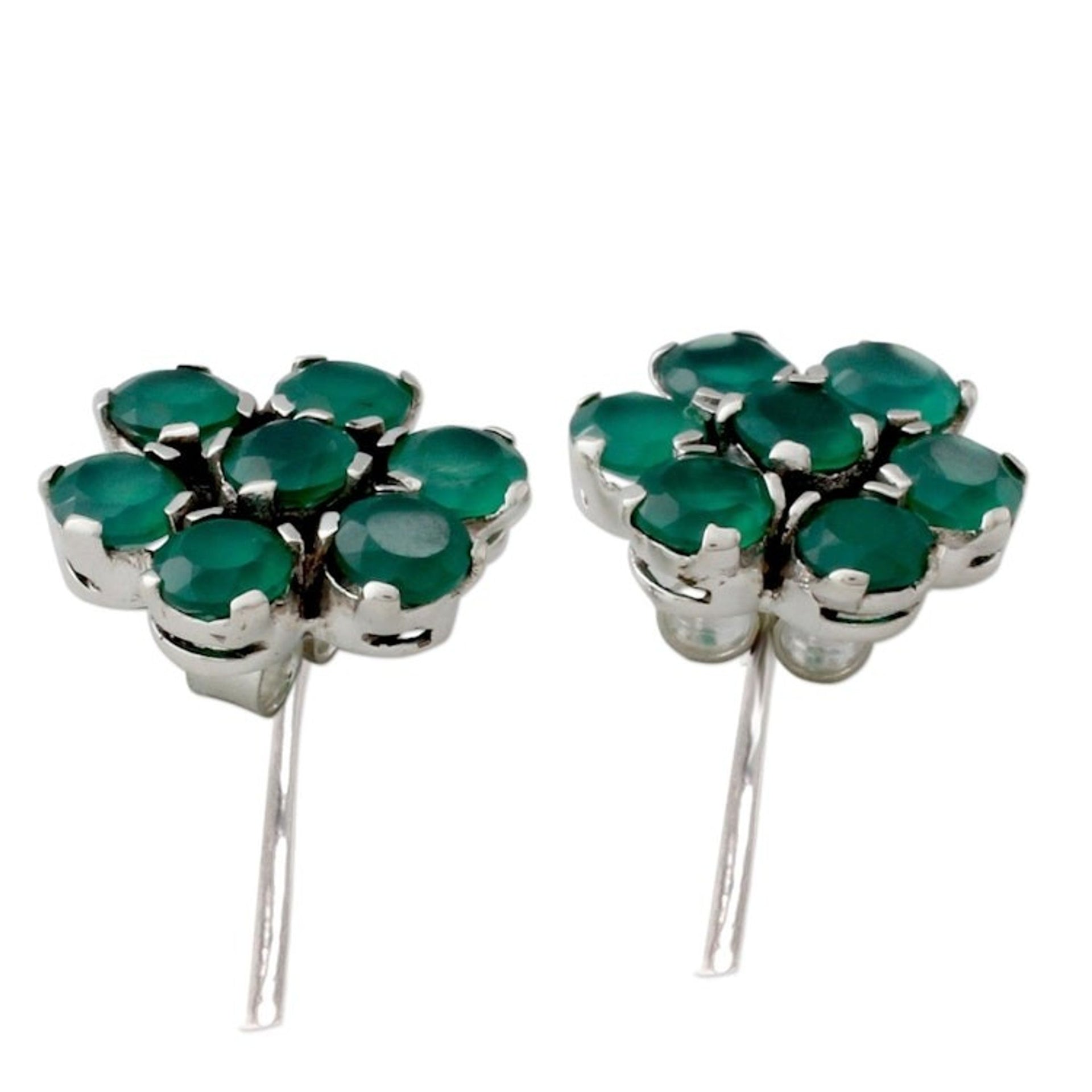 Hand Crafted Onyx and Sterling Silver Floral Button Earrings 'Green Blossom'