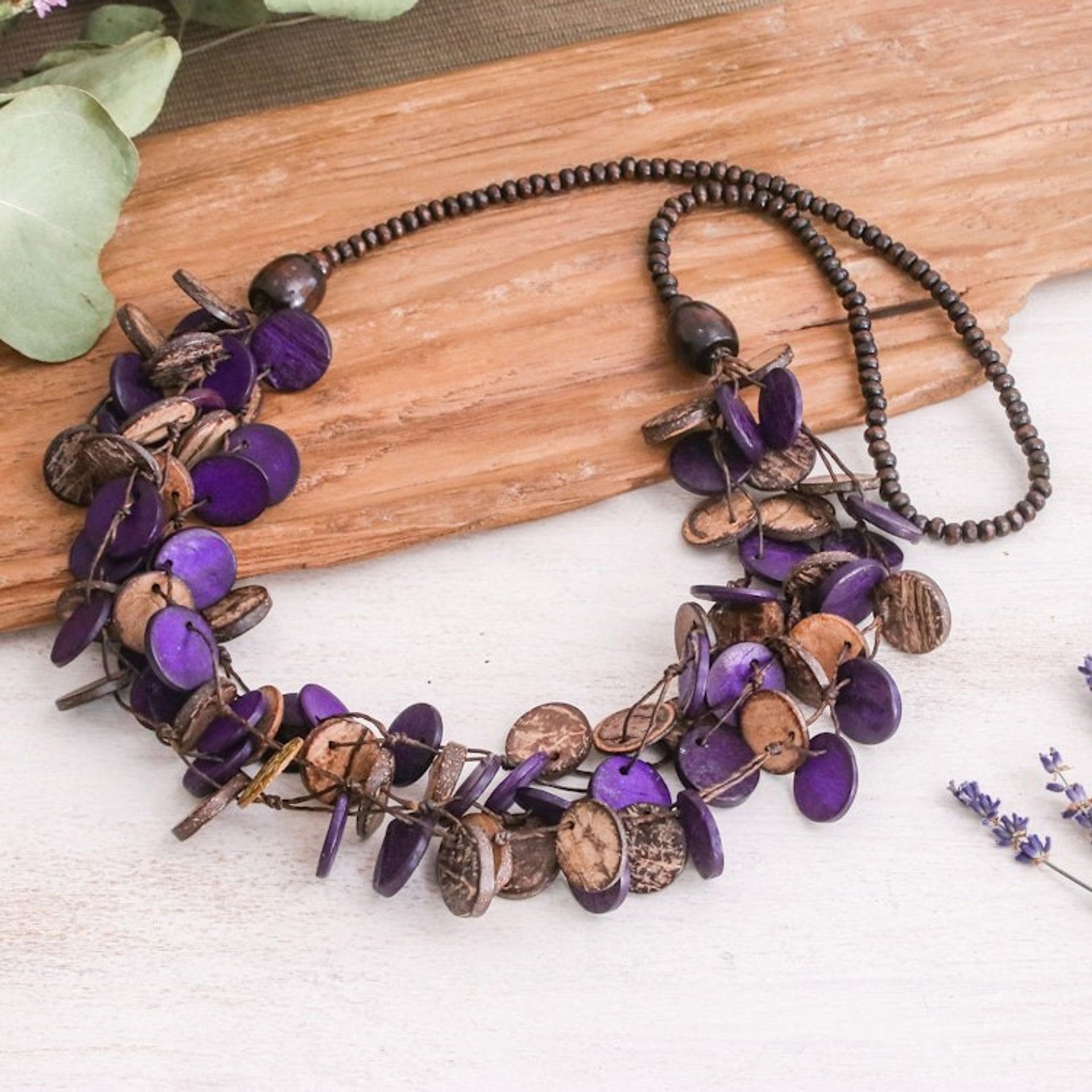 Purple and Brown Round Wood Beaded Three-Strand Necklace 'Cycles of Magic'