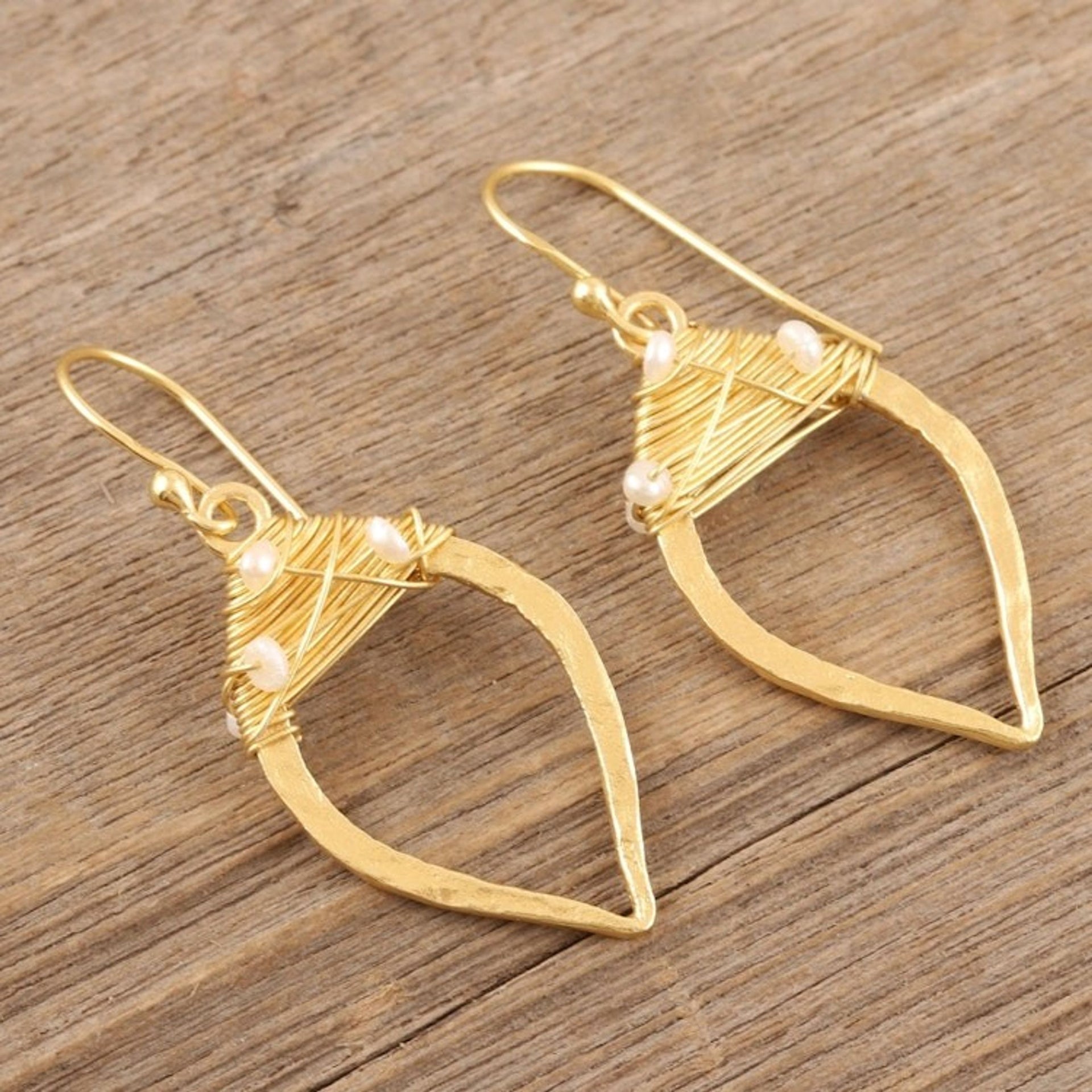 Wire-Wrapped 22k Gold Plated Earrings 'Voice of the Sea'