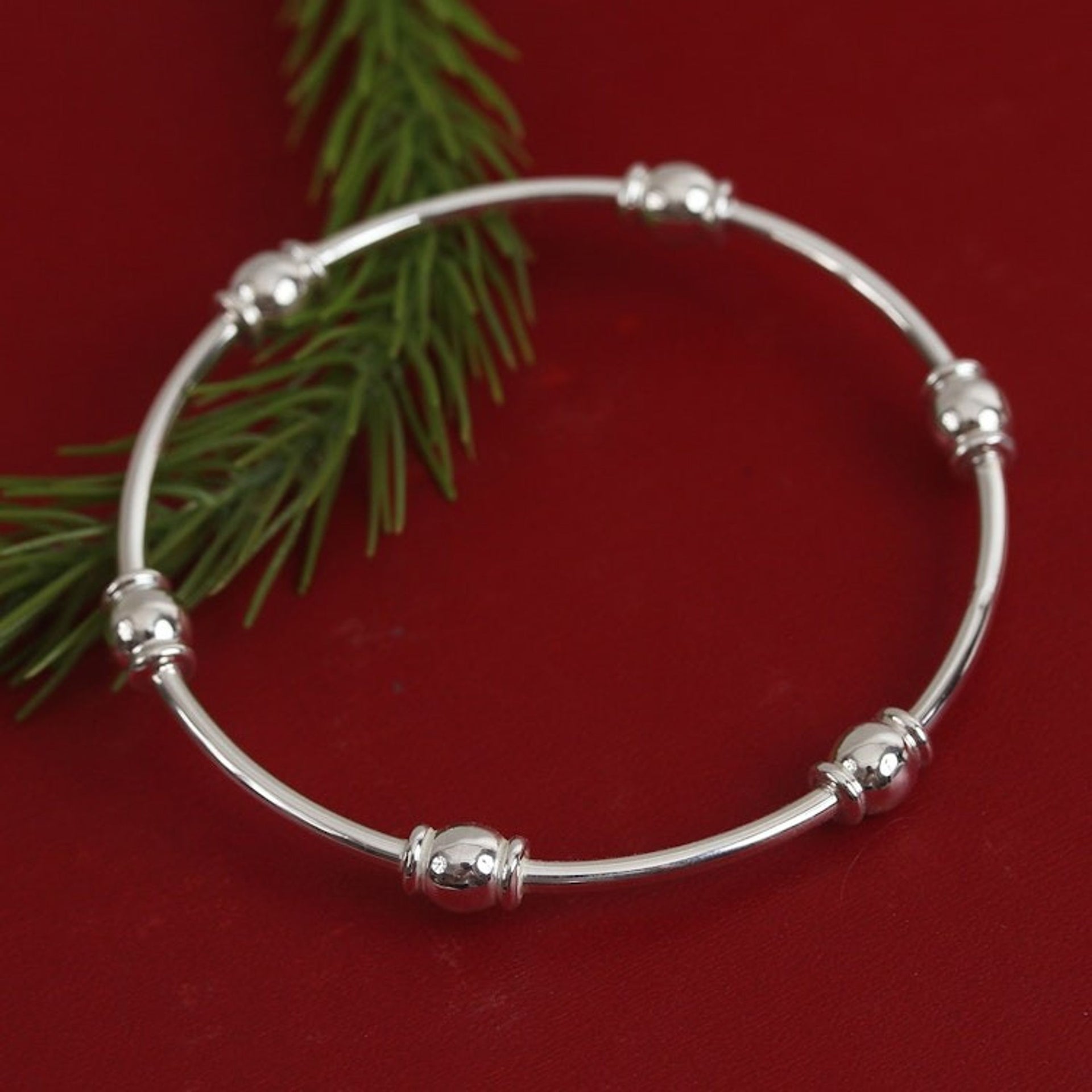 Gleaming Sterling Silver Bangle Bracelet from Mexico 'Six Beads'