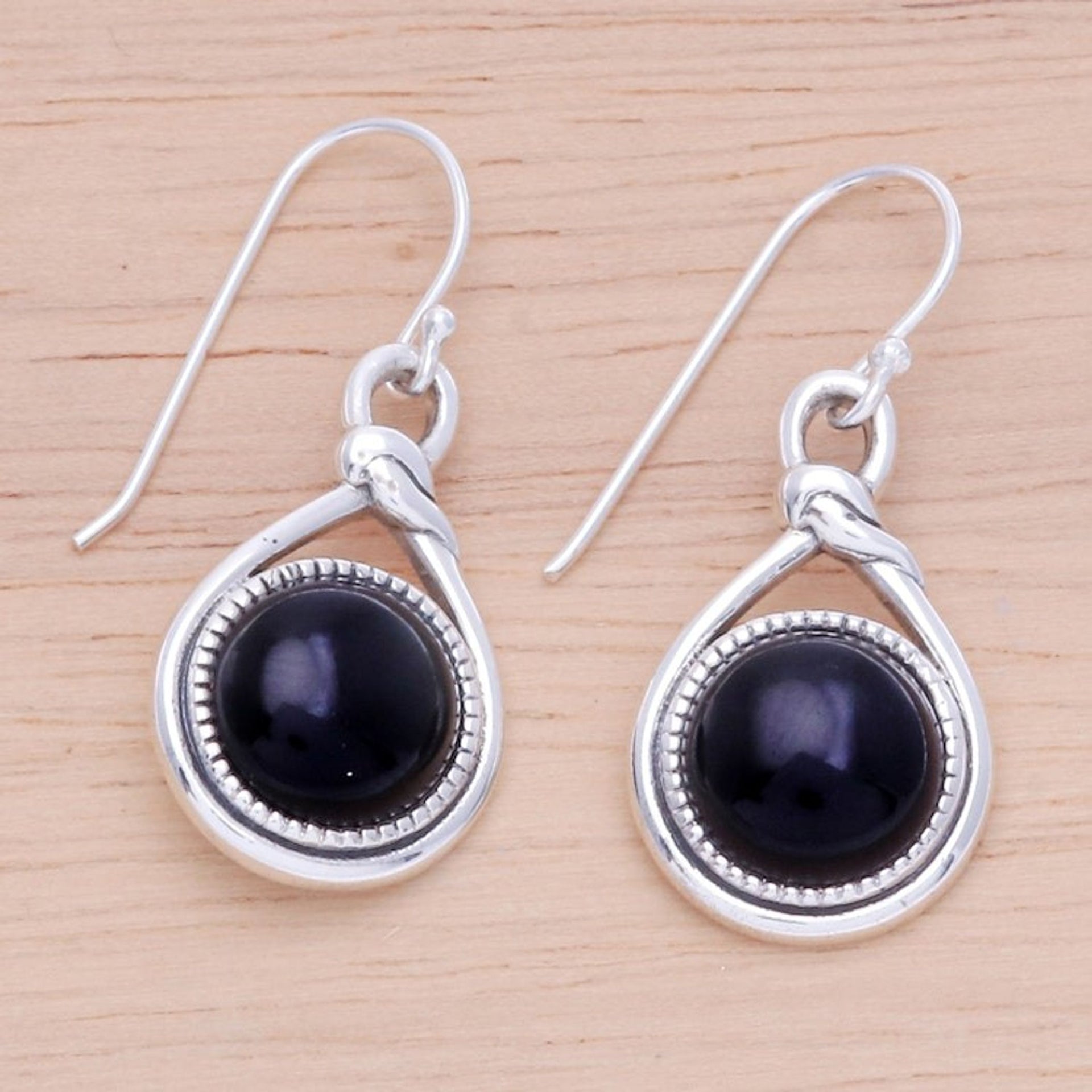 Knot Pattern Black Onyx Dangle Earrings from Thailand 'Enigmatic Knot'