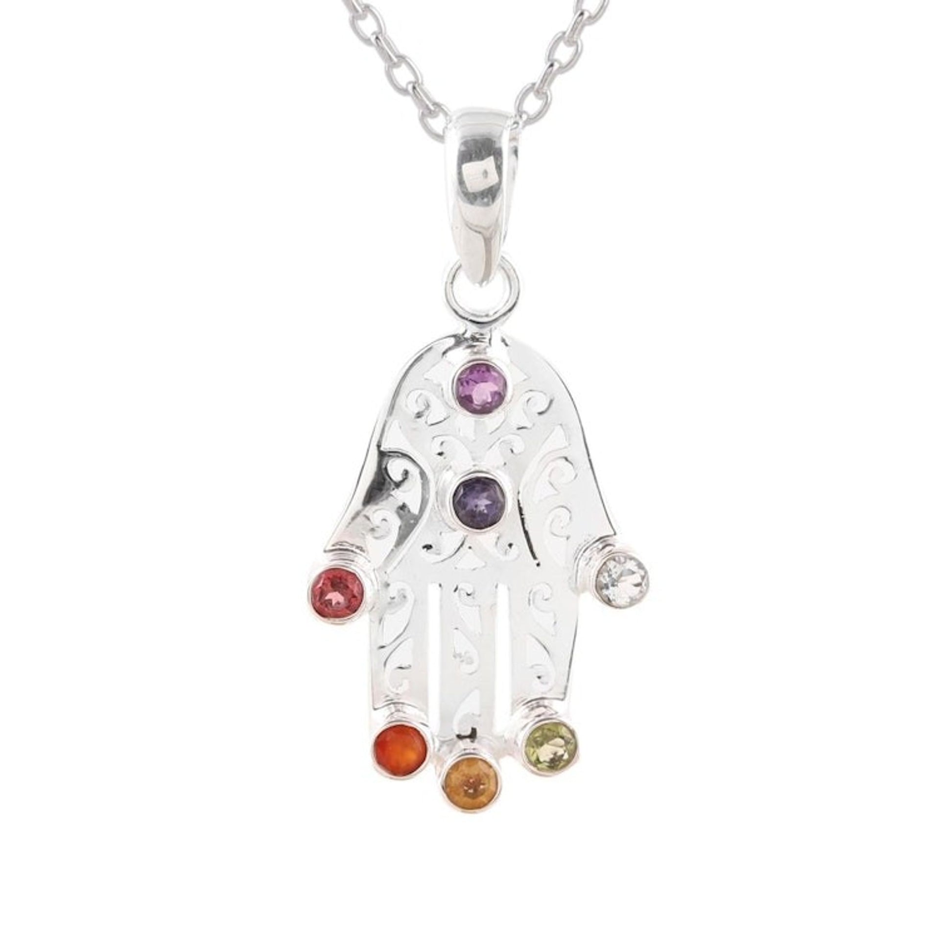 Multi-Gemstone Hamsa Chakra Pendant Necklace from India 'Hamsa Chakra'