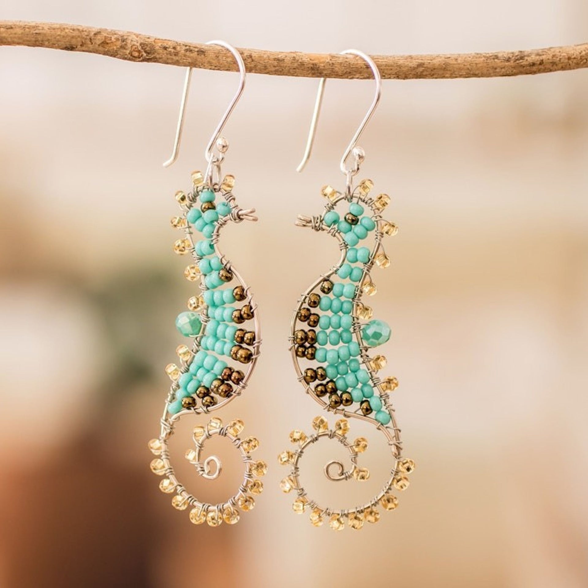 Turquoise Crystal and Glass Beaded Seahorse Dangle Earrings 'The Turquoise Seahorse'