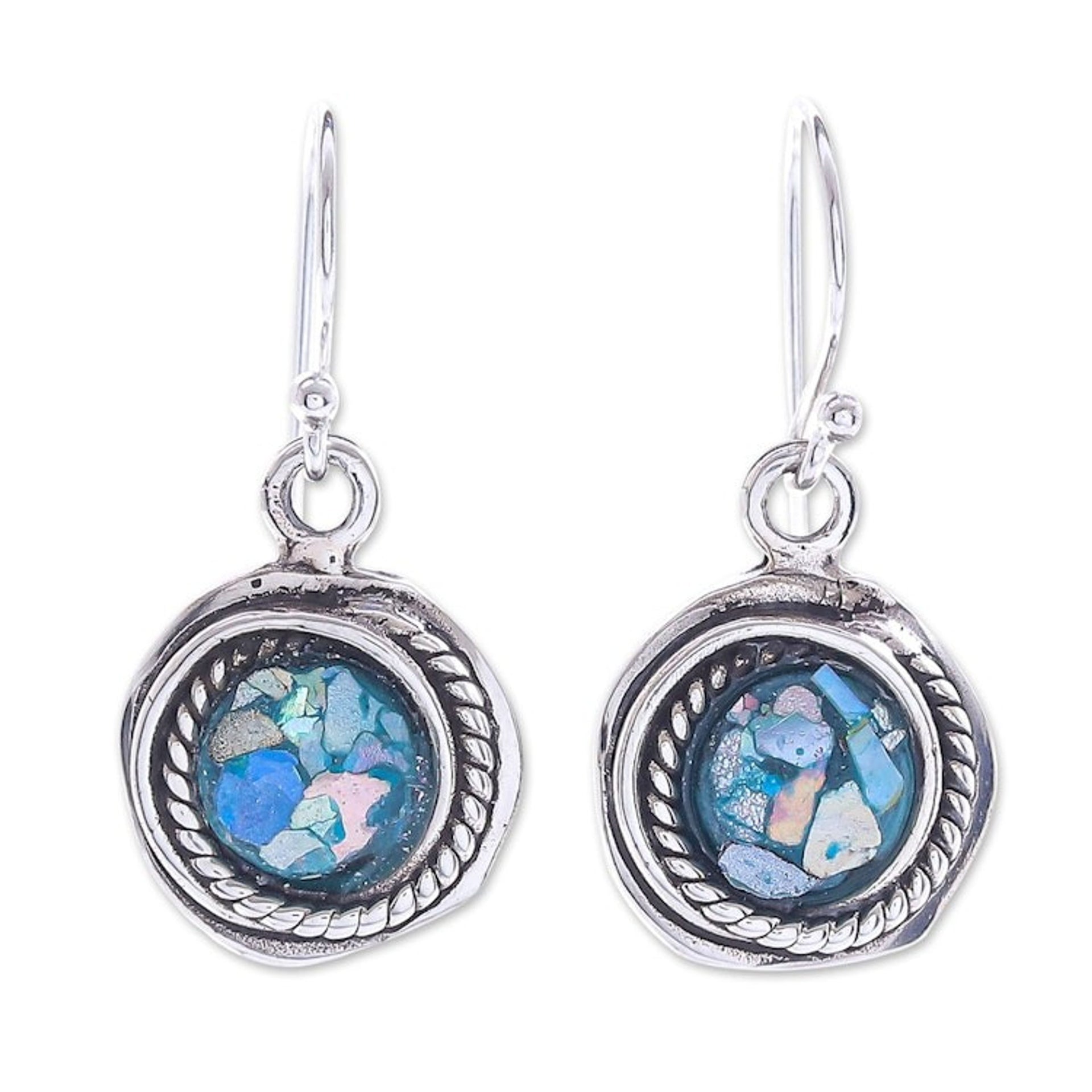 Hand Crafted Roman Glass Dangle Earrings 'Glacier Bay'