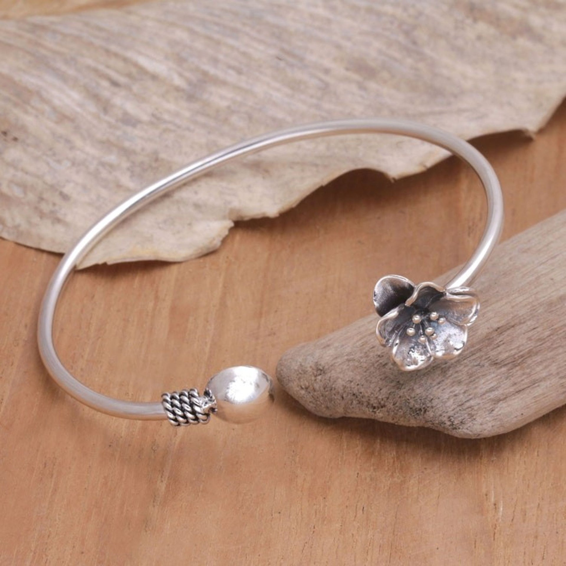 Handmade Floral Sterling Silver Cuff Bracelet from Bali 'Floral Lineage'