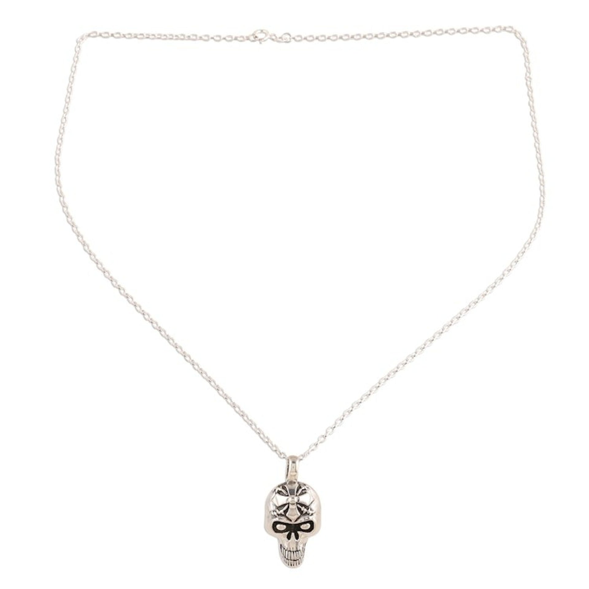 Sterling Silver Skull Cross Pendant Necklace from India 'Grinning Cross'