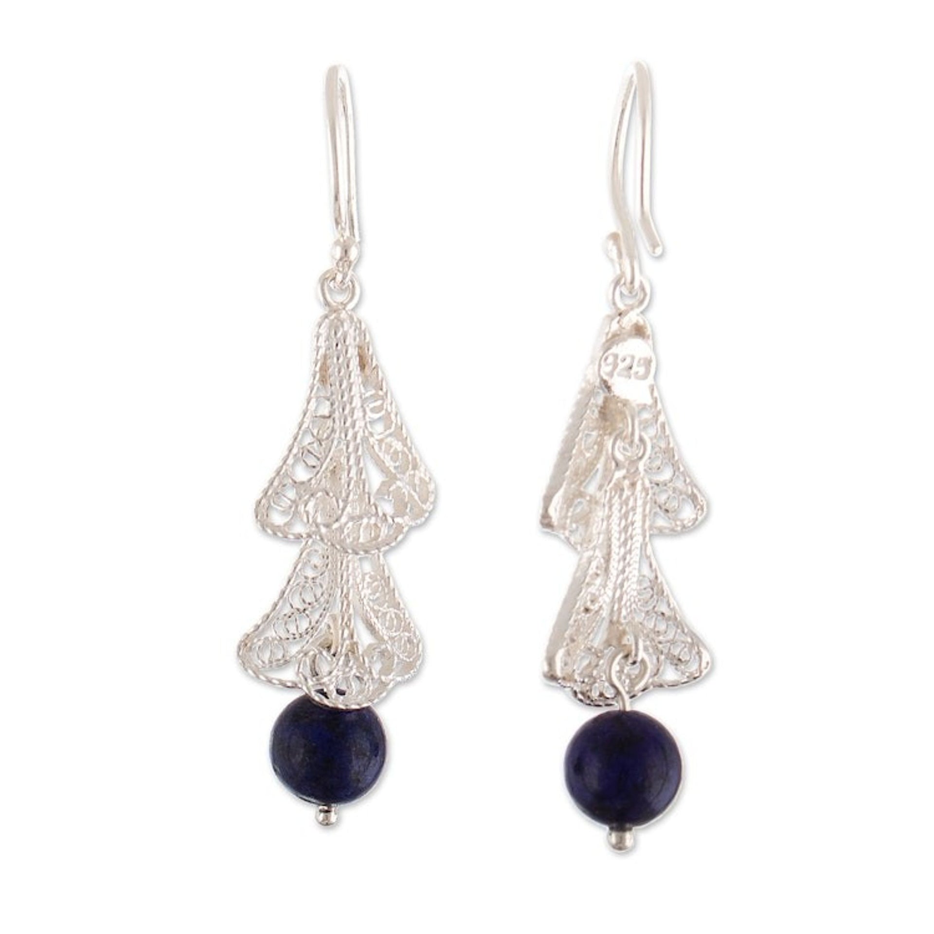 Silver Filigree Dangle Earrings with Lapis Lazuli Stone 'Bells are Ringing'