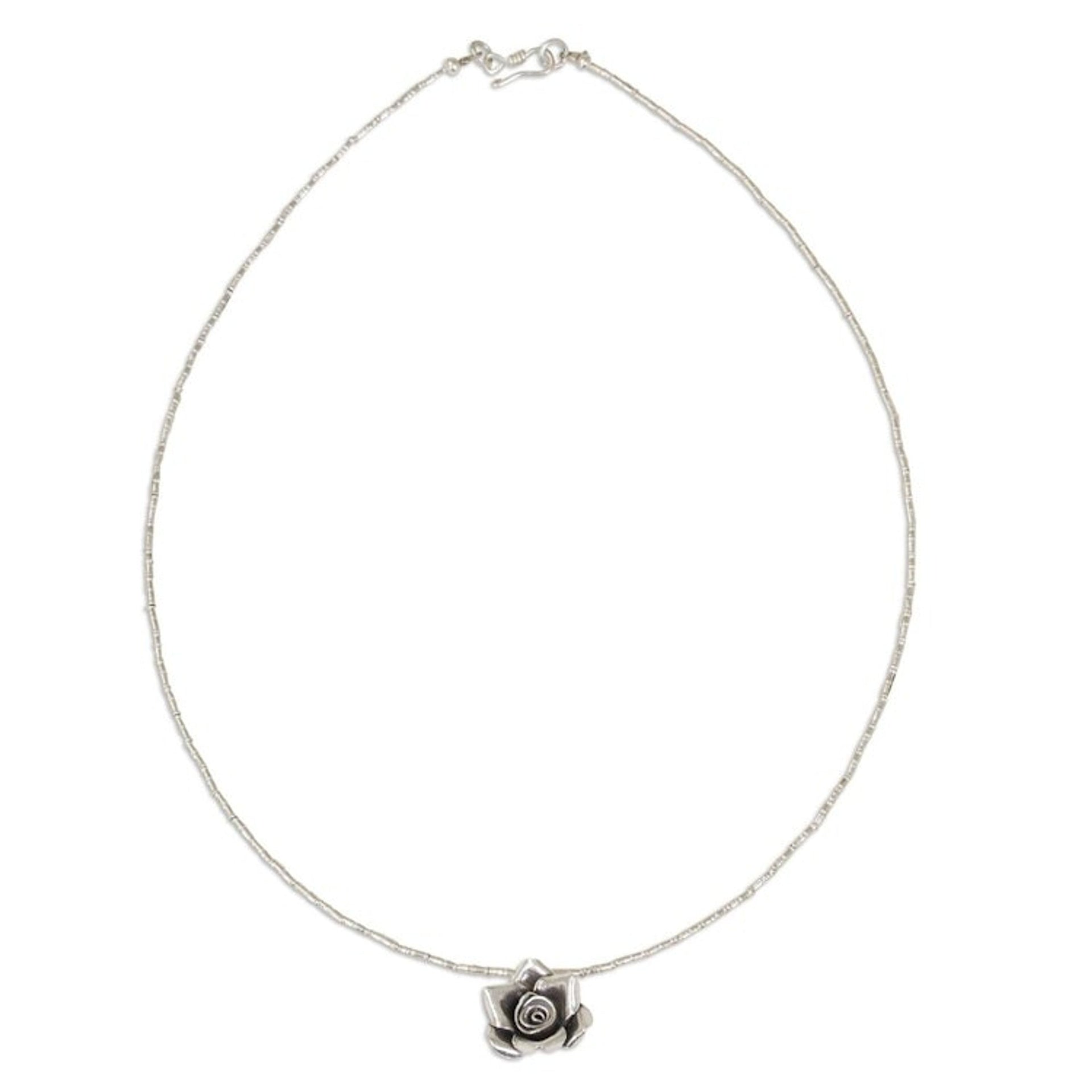 Hand Crafted Silver Necklace with Rose Pendant from Thailand 'Luminous Rose'