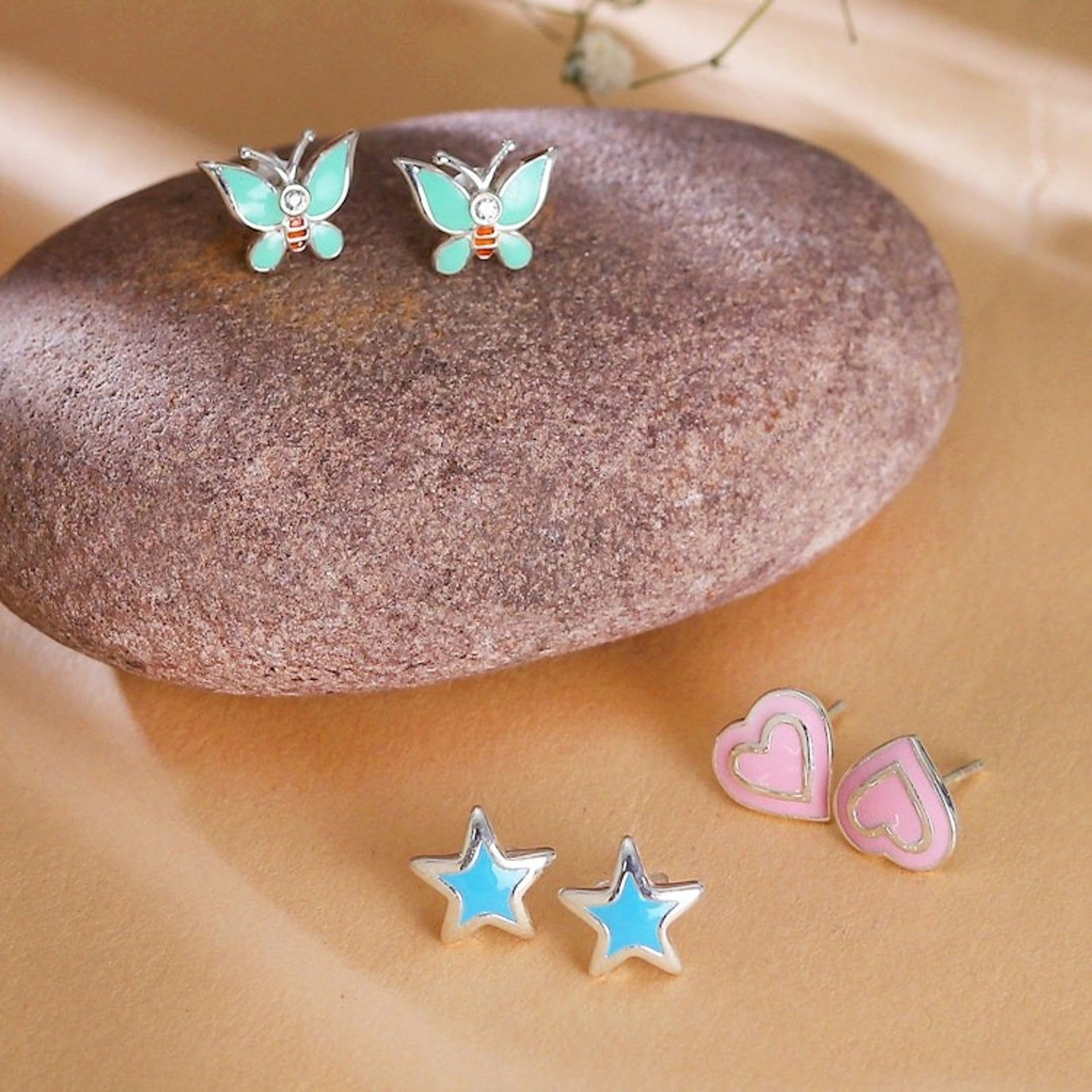 3-Pair Sterling Silver Stud Earrings Set in Pastel Hues 'Pastel Connections'
