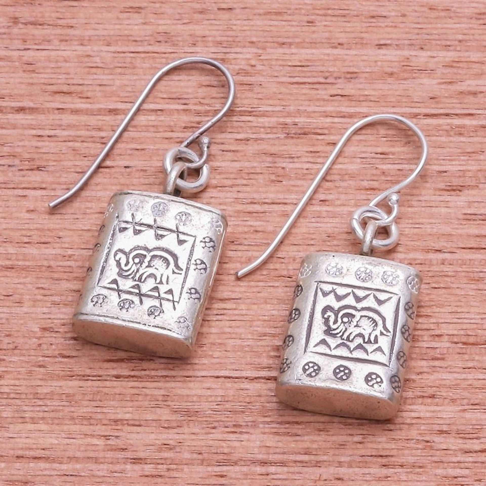 Karen Hill Tribe Silver Elephant Motif Block Dangle Earrings 'Honored Elephant'