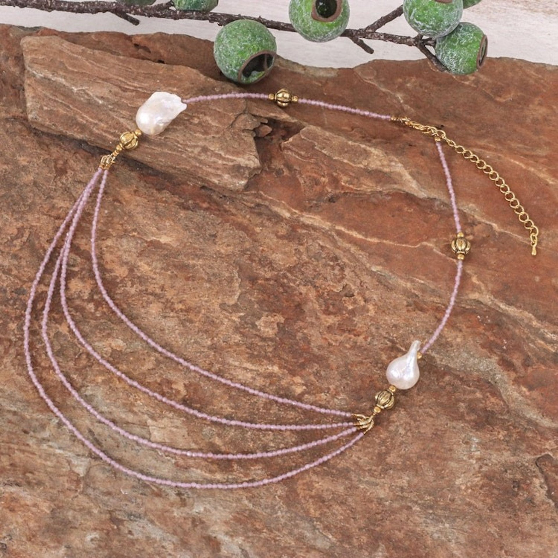 Thai 18k Gold-Accented Pearl and Quartz Pendant Necklace 'Icy Shores in White'