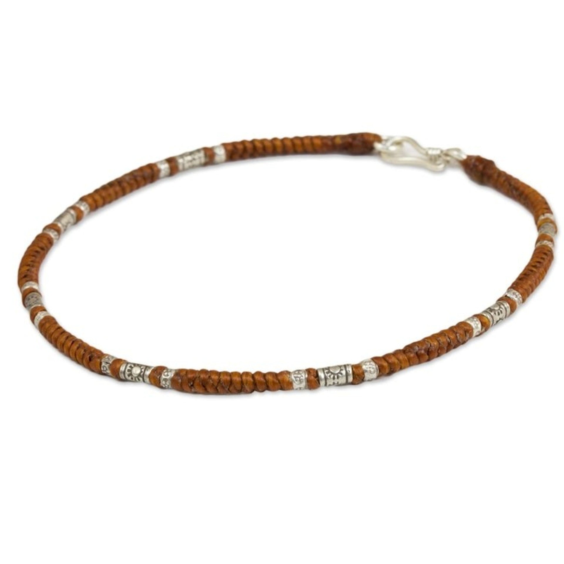 Artisan Crafted Brown Anklet with Karen Hill Tribe Silver 'Wandering Brown'