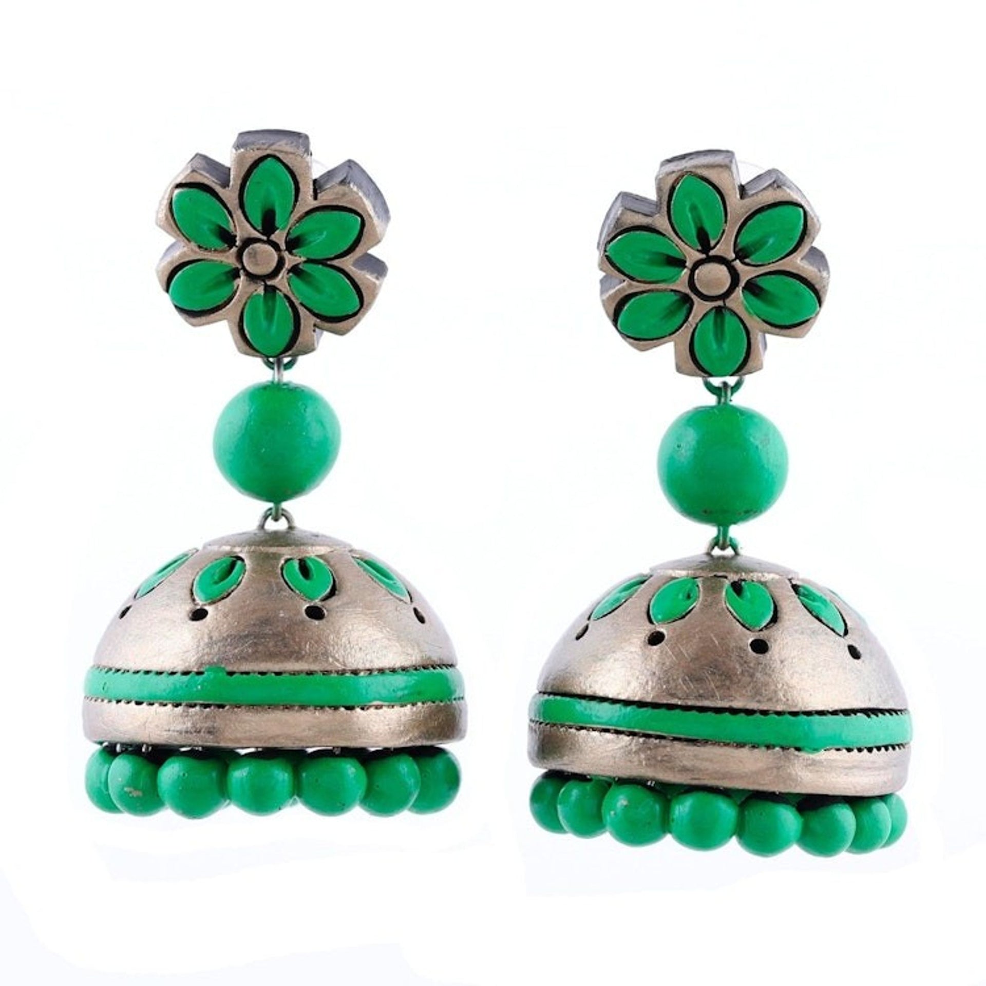 Ceramic Dangle Earrings with Green Floral Motifs from India 'Green Garden'
