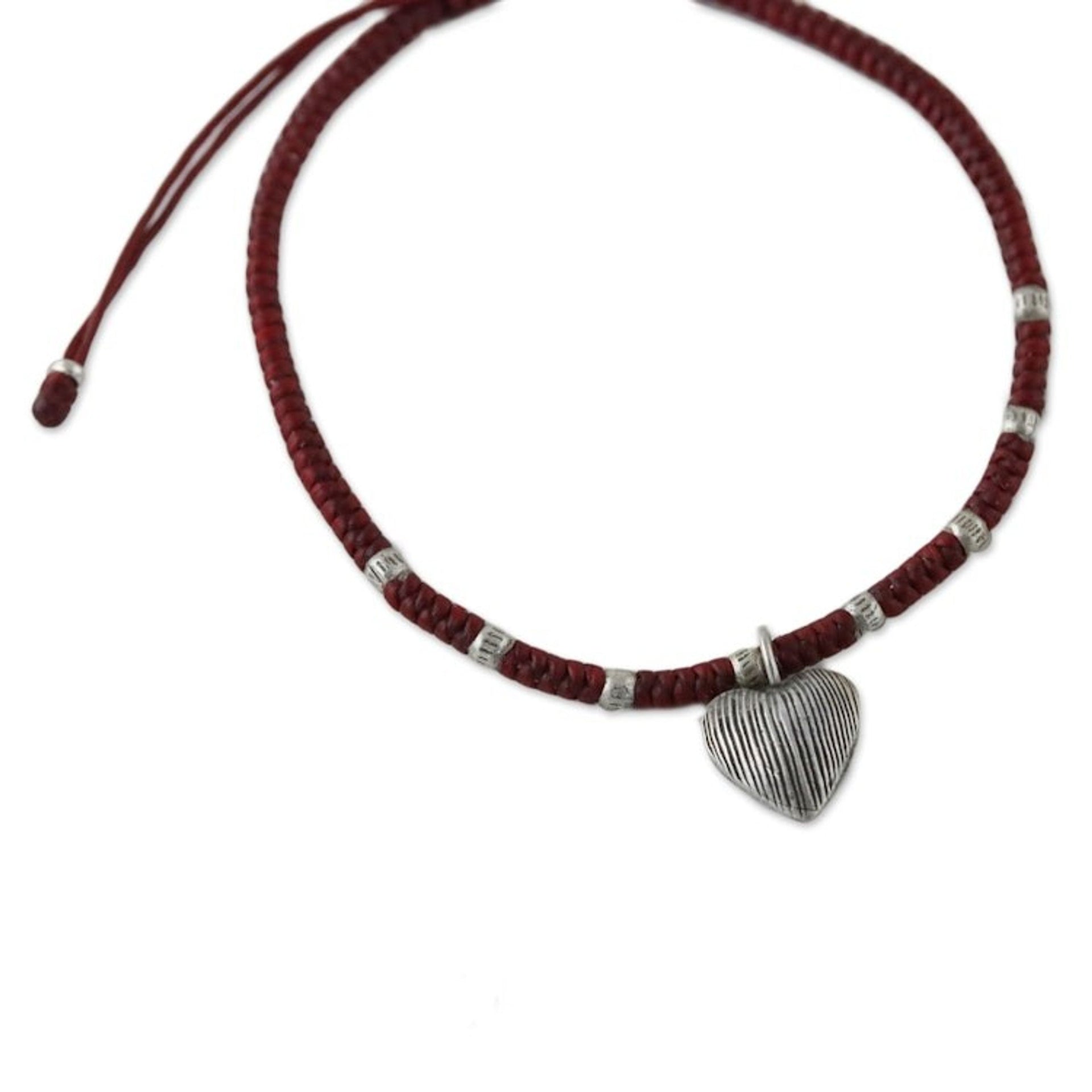 Dark Red Braided Cord Bracelet with Hill Tribe Silver 'Ancient Heart in Red'
