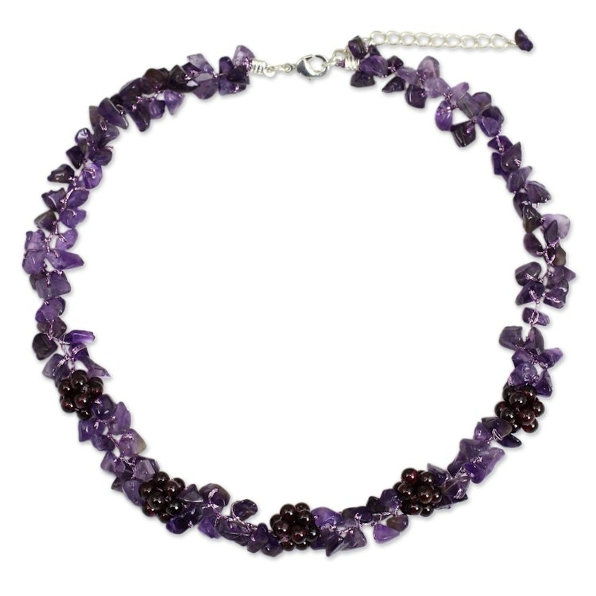 Thai Handmade Amethyst Necklace with Garnet Clusters 'Heaven's Gift'