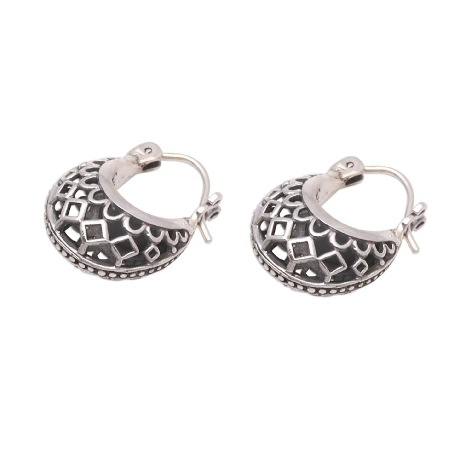 Openwork Sterling Silver Hoop Earrings from Bali 'Curved Elegance'