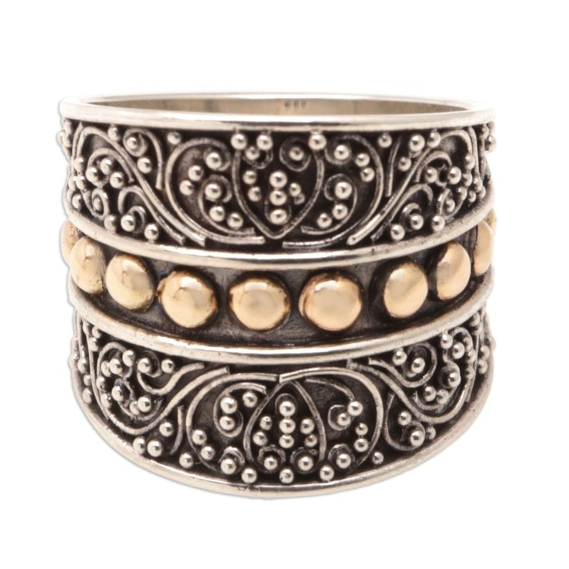 18k Gold-Accented Domed Ring with Traditional Motifs 'Golden Signs'