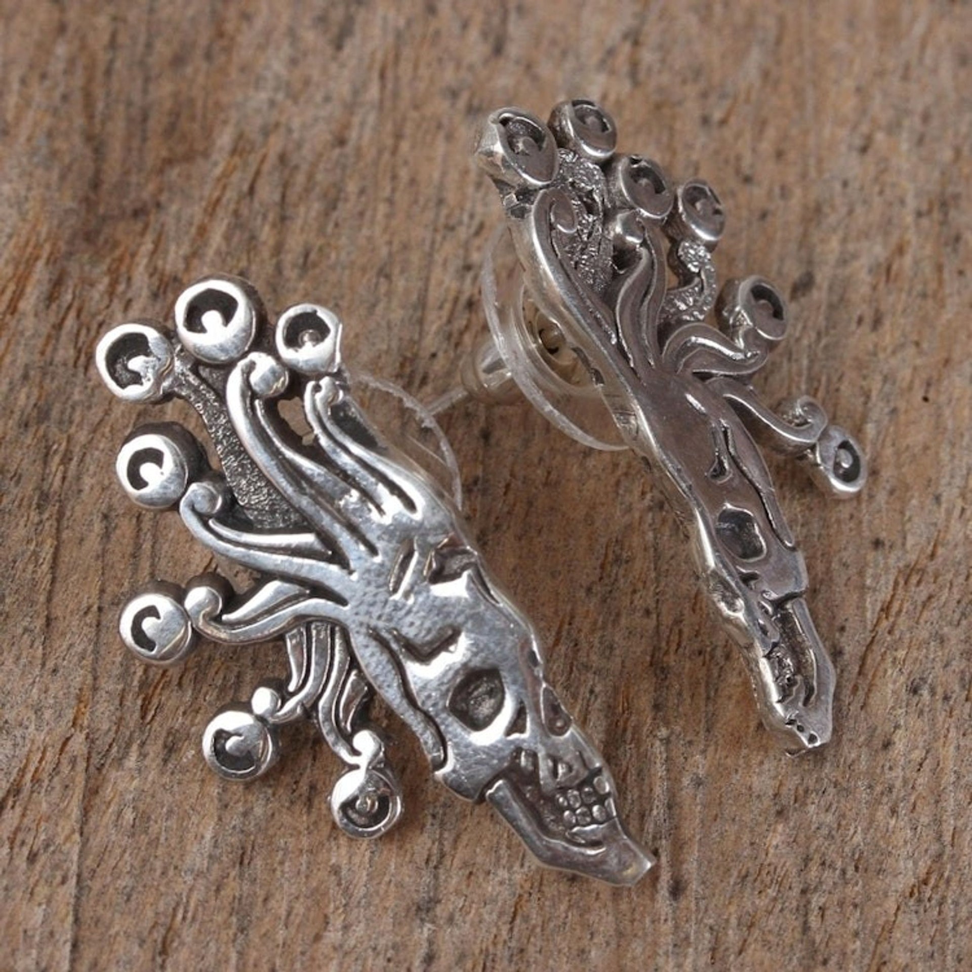 Sterling Silver Aztec God of Death Drop Earrings 'Miquiztli'