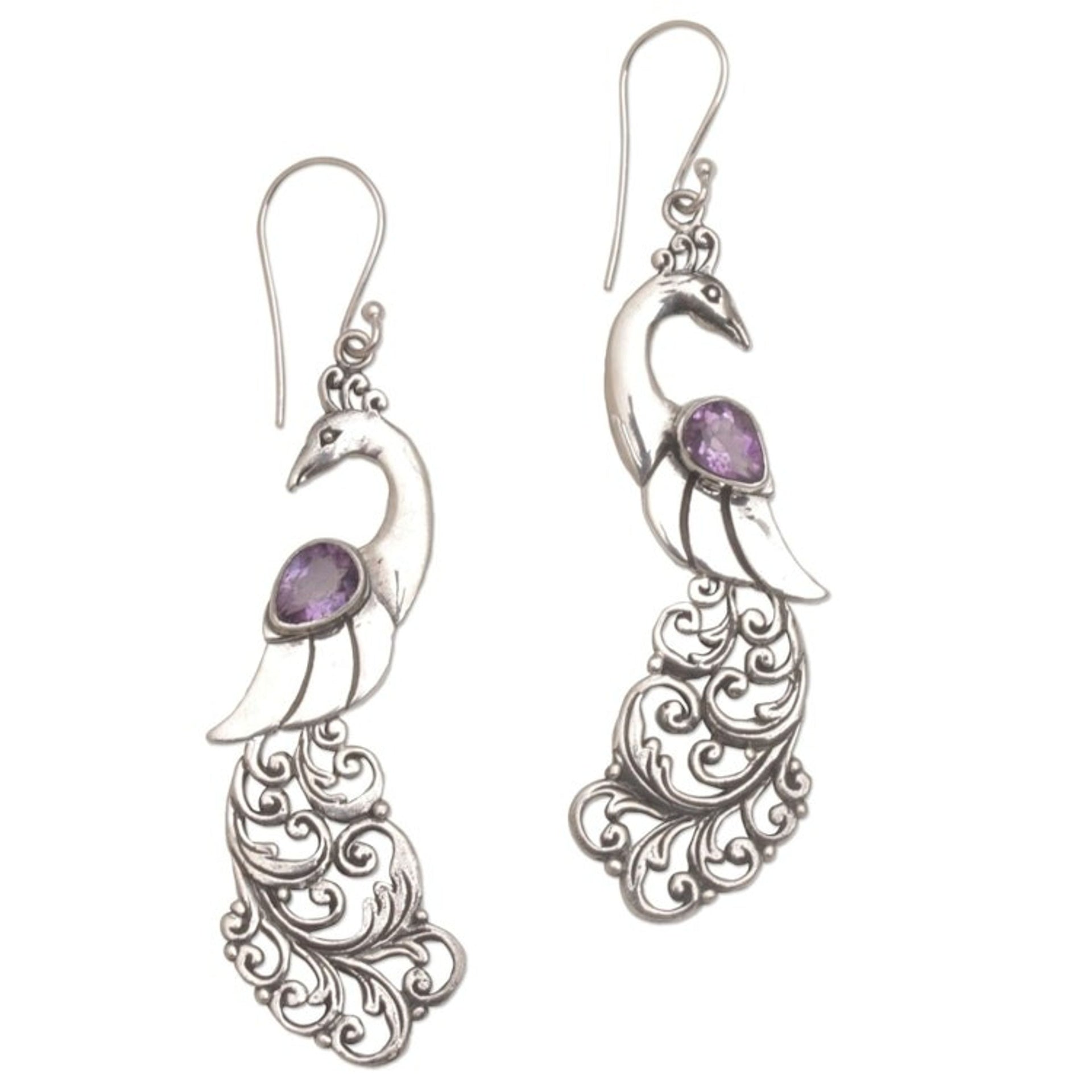 Amethyst and Sterling Silver Peafowl Dangle Earrings 'Merak'