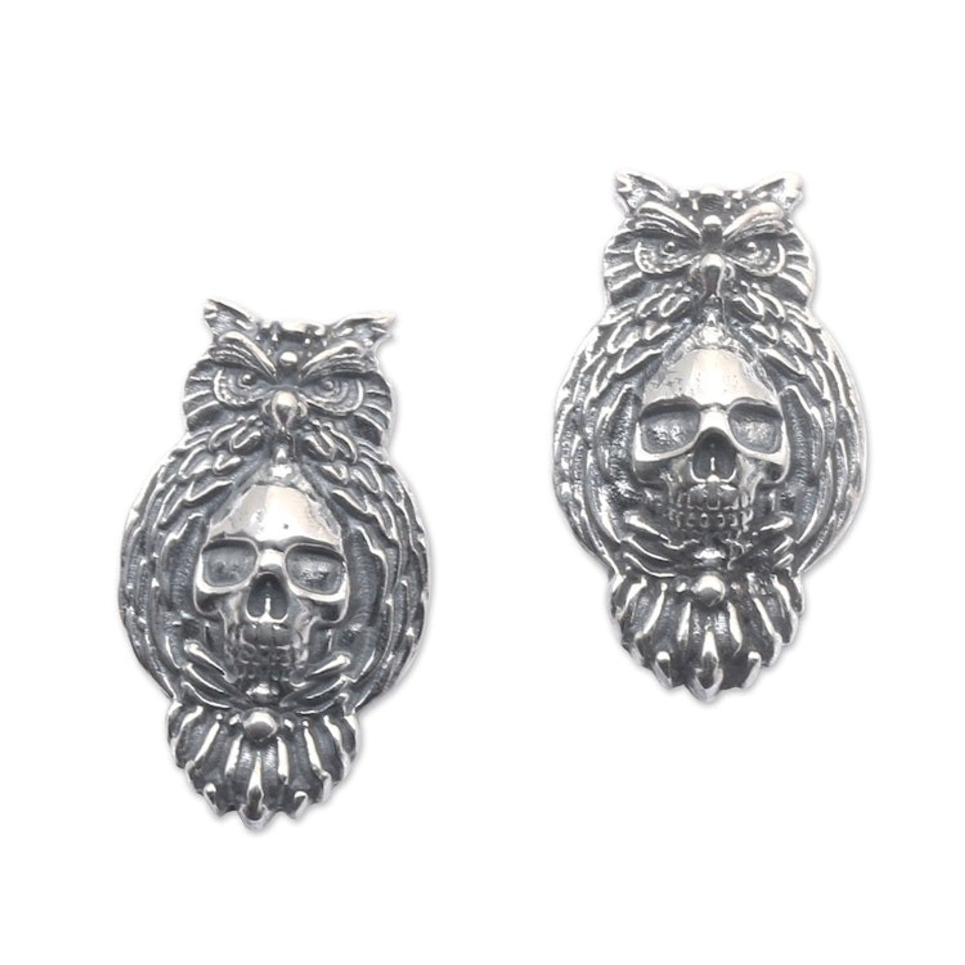Owl and Skull-Themed Sterling Silver Button Earrings 'Eternal Owl'