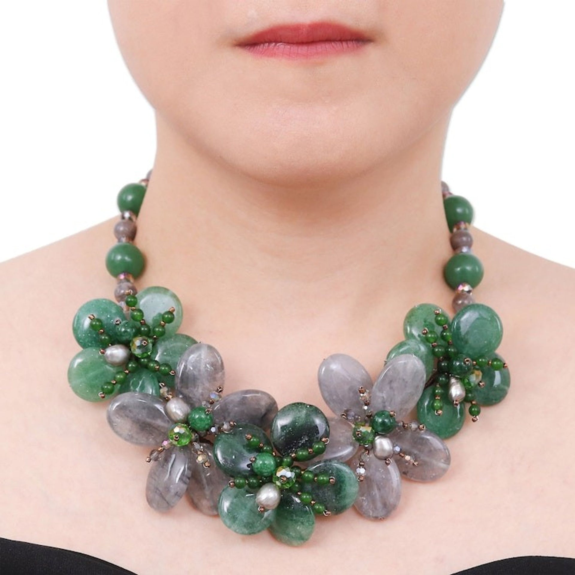 Floral Quartz and Cultured Pearl Statement Necklace in Green 'Nature Spring'