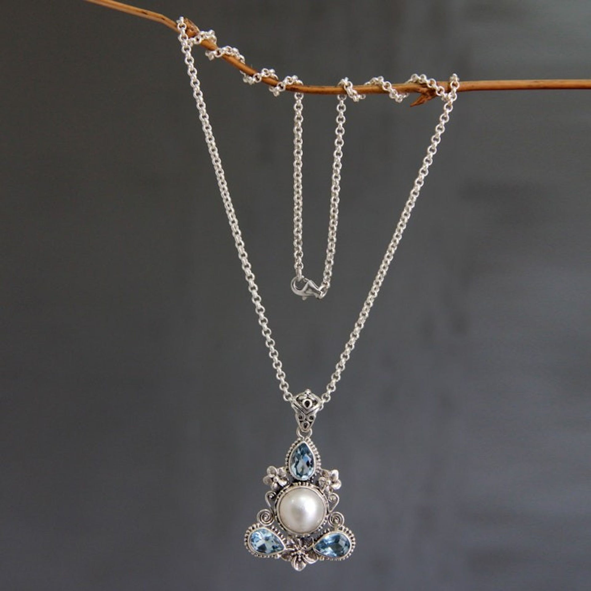 Artisan Crafted Blue Topaz and Pearl Silver Necklace 'Frangipani Trio'