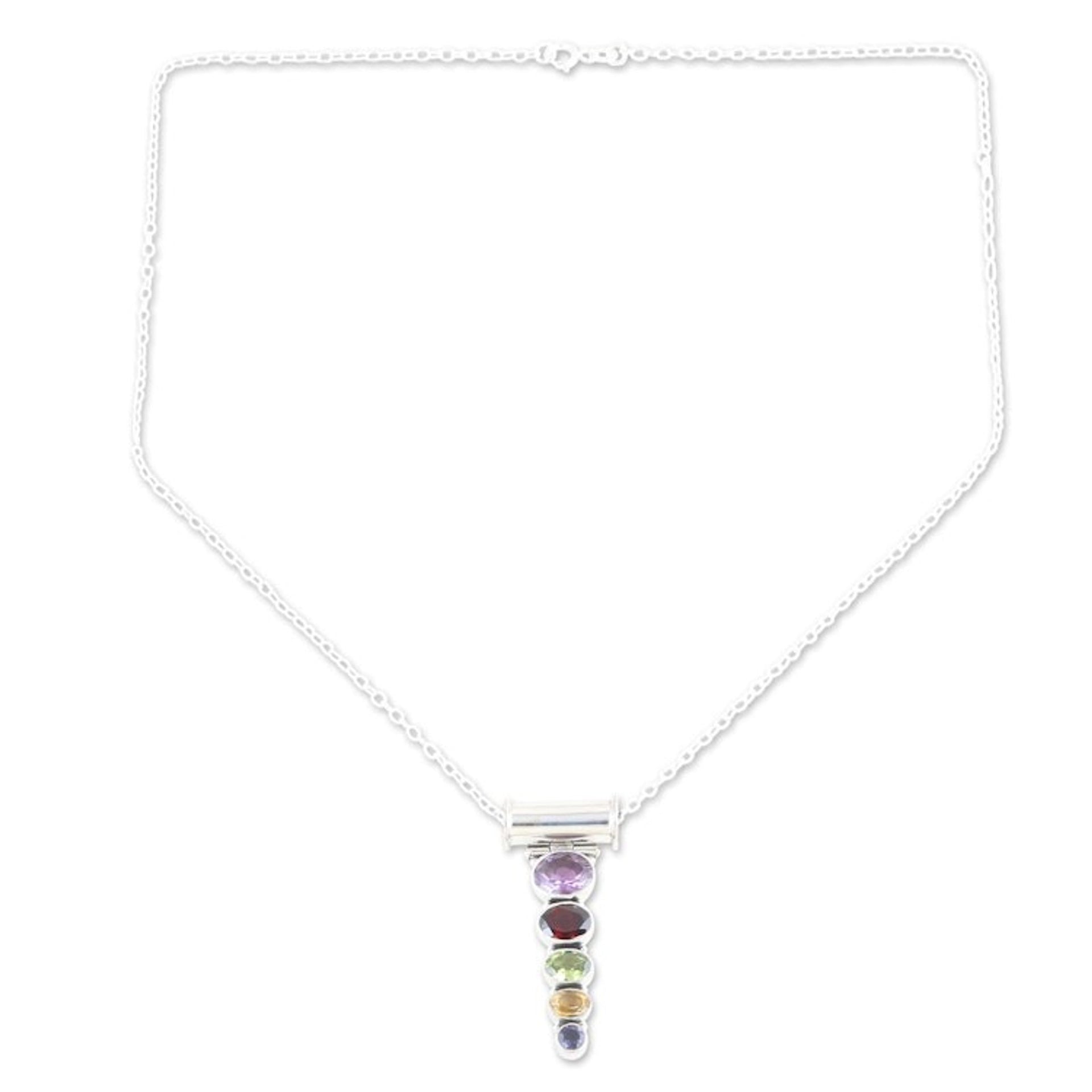 Sterling Silver Pendant Necklace with 5-Carat Gemstones 'Rainbow Stairway'